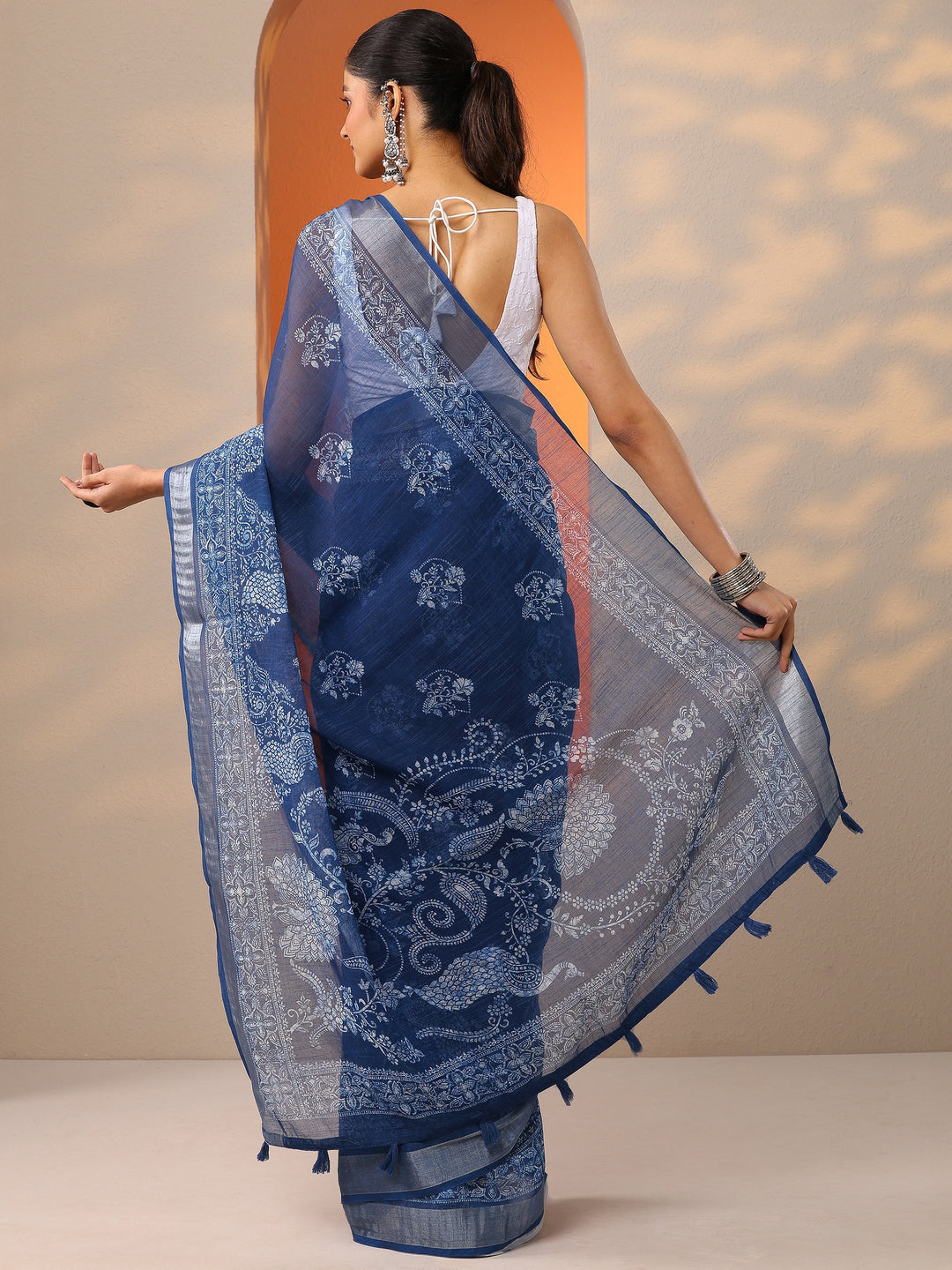  Blue Jamdani Printed Cotton Blend Saree With Unstitched Blouse Piece 