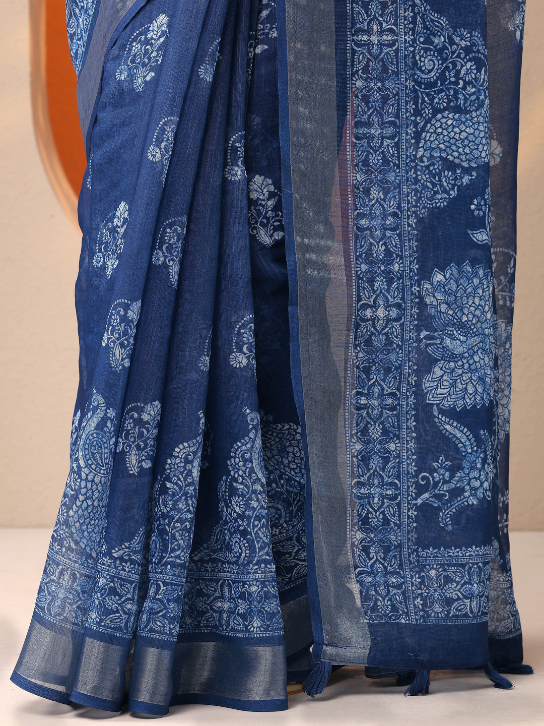  Blue Jamdani Printed Cotton Blend Saree With Unstitched Blouse Piece 