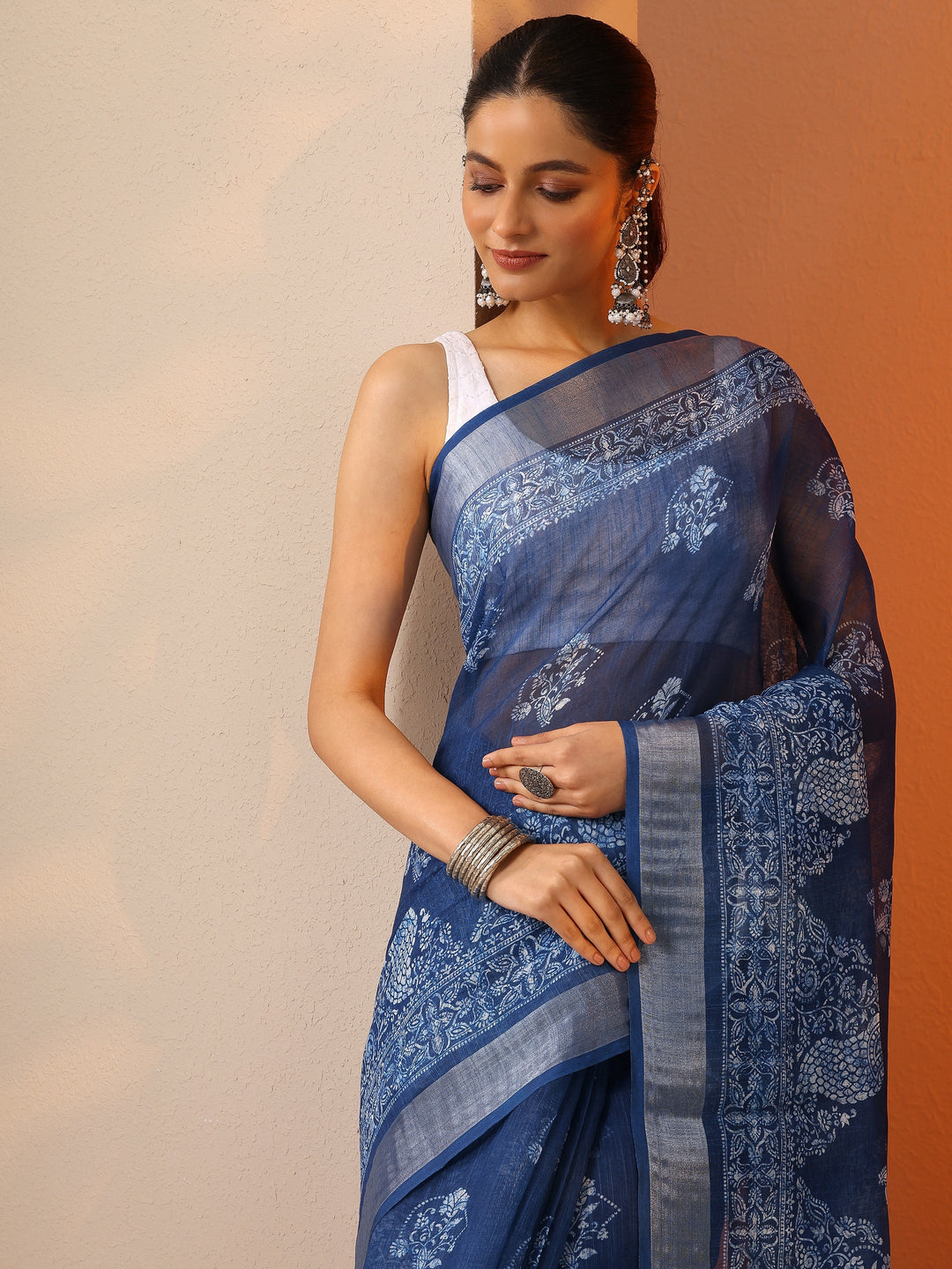  Blue Jamdani Printed Cotton Blend Saree With Unstitched Blouse Piece 