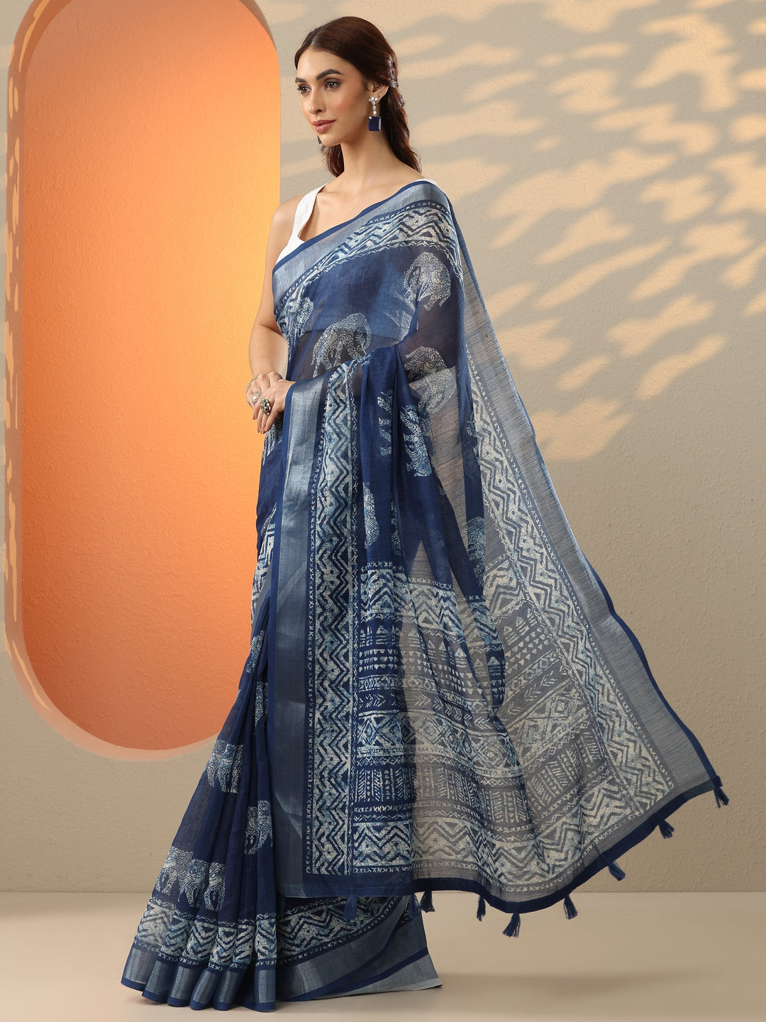  Blue Ikat Printed Cotton Blend Saree With Unstitched Blouse Piece 