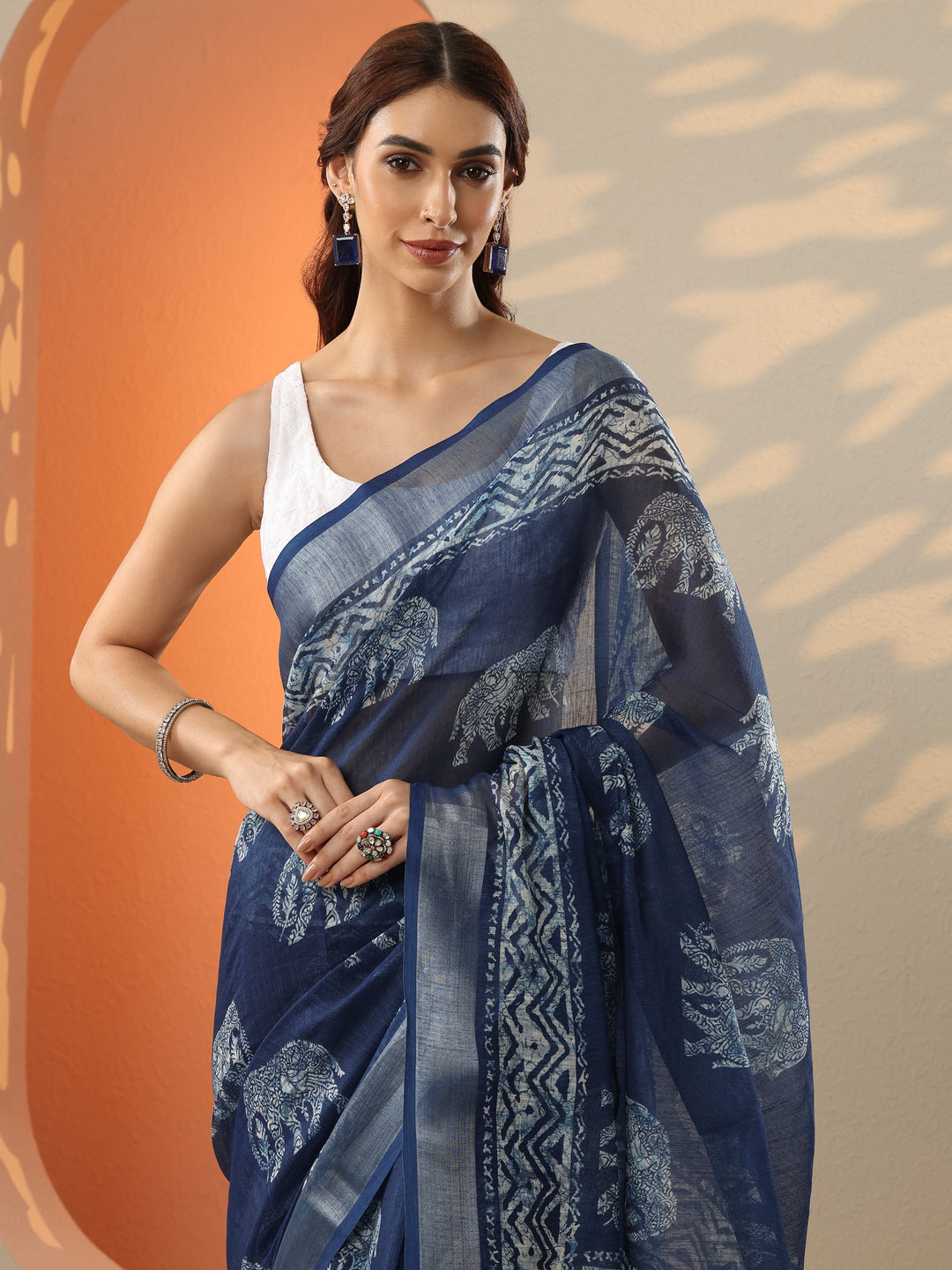  Blue Ikat Printed Cotton Blend Saree With Unstitched Blouse Piece 