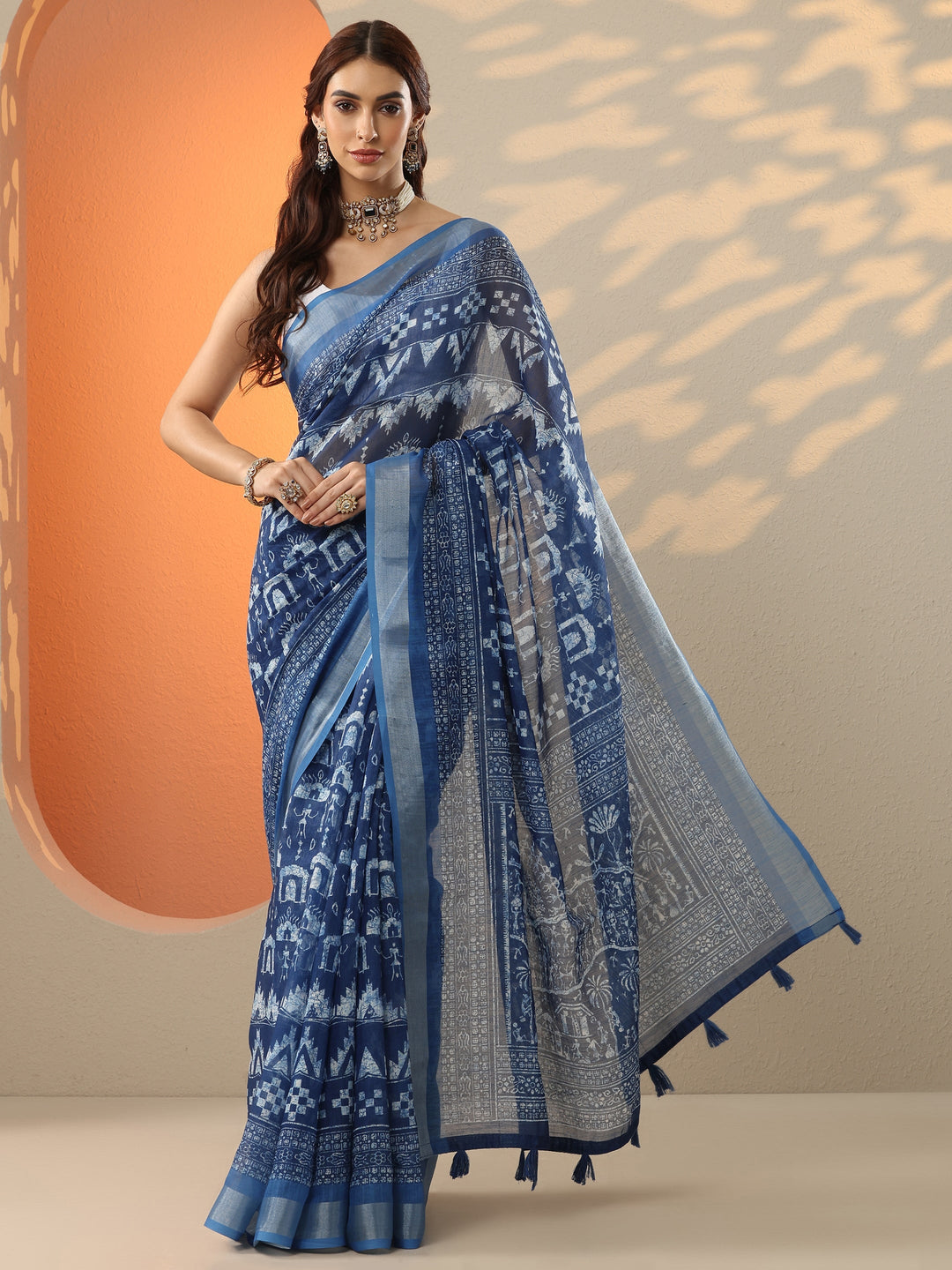  Blue Ikat Printed Cotton Blend Saree With Unstitched Blouse Piece 