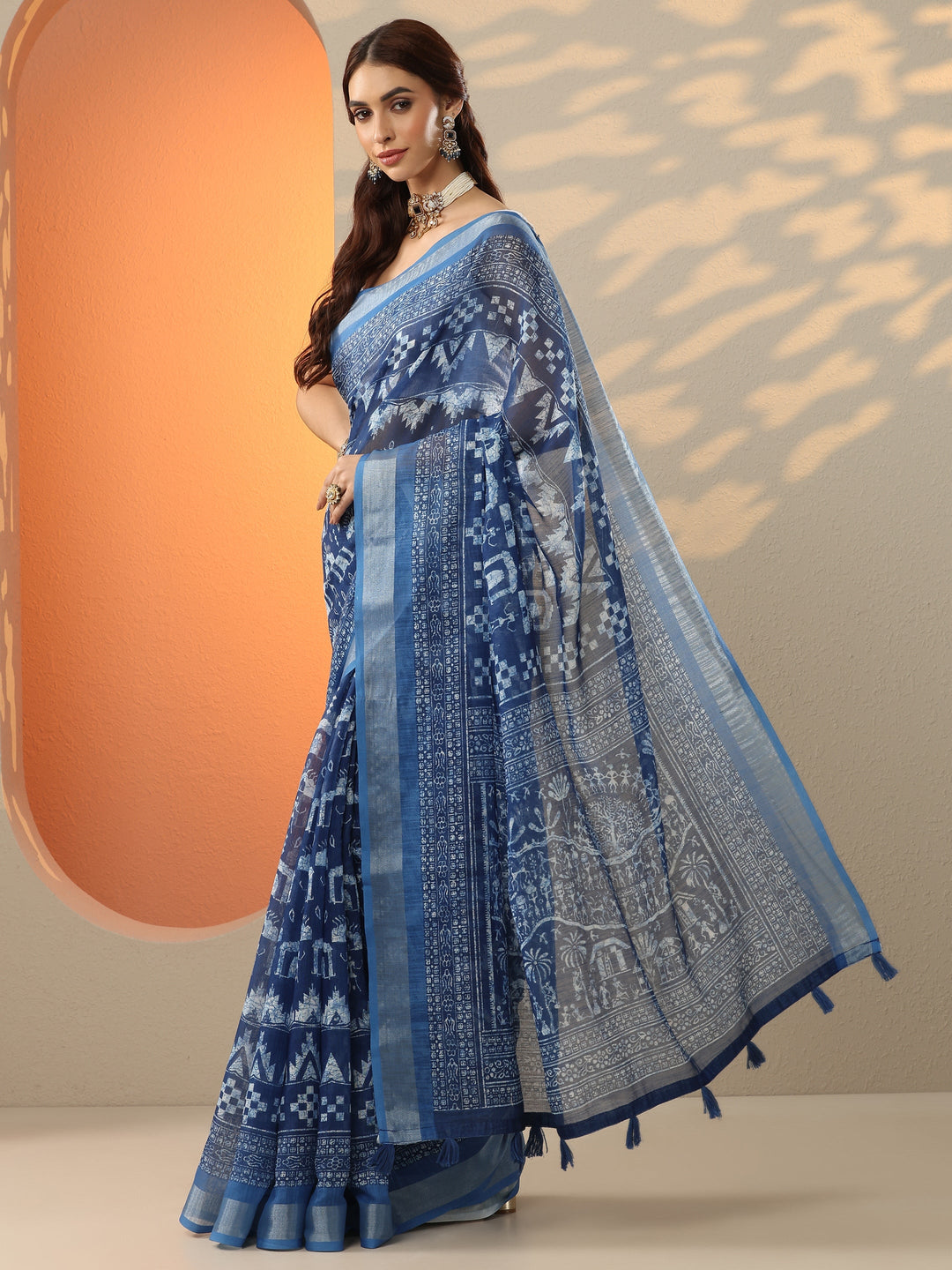  Blue Ikat Printed Cotton Blend Saree With Unstitched Blouse Piece 