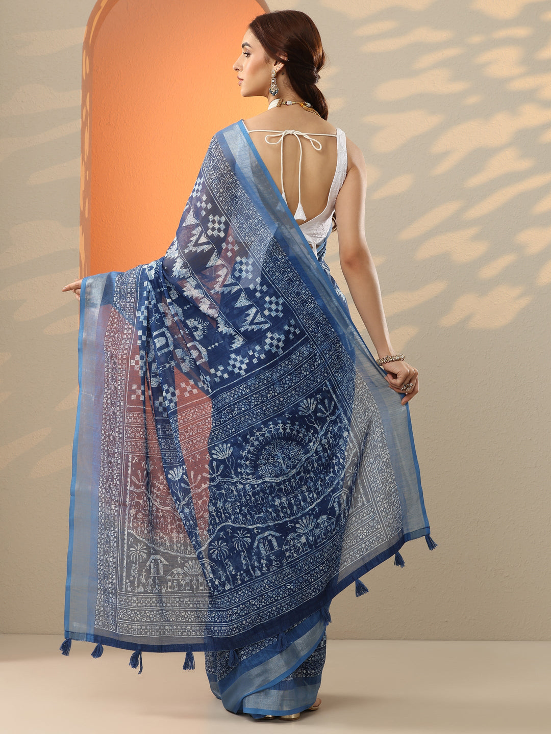  Blue Ikat Printed Cotton Blend Saree With Unstitched Blouse Piece 