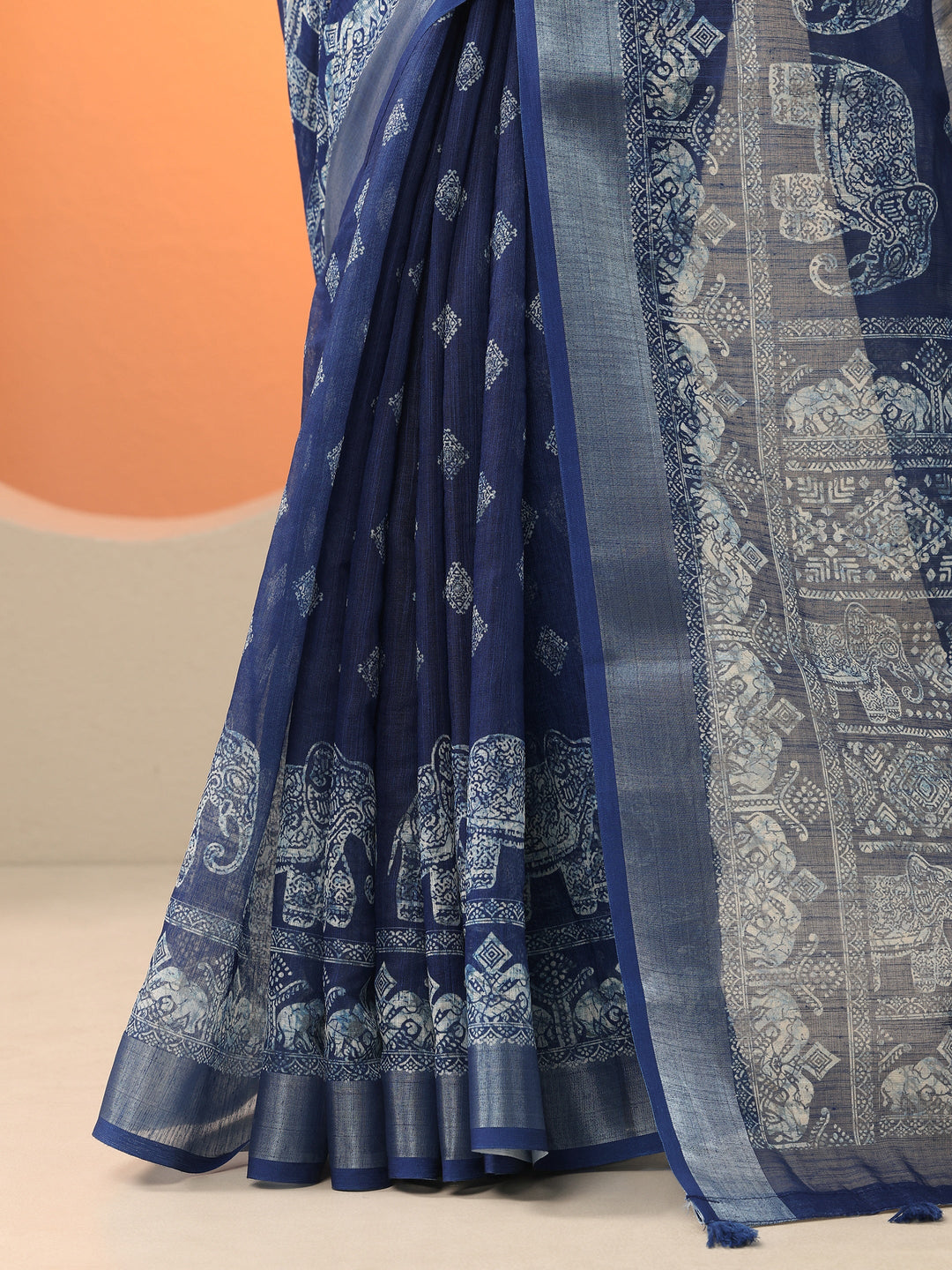  Blue Jamdani Printed Cotton Blend Saree With Unstitched Blouse Piece 