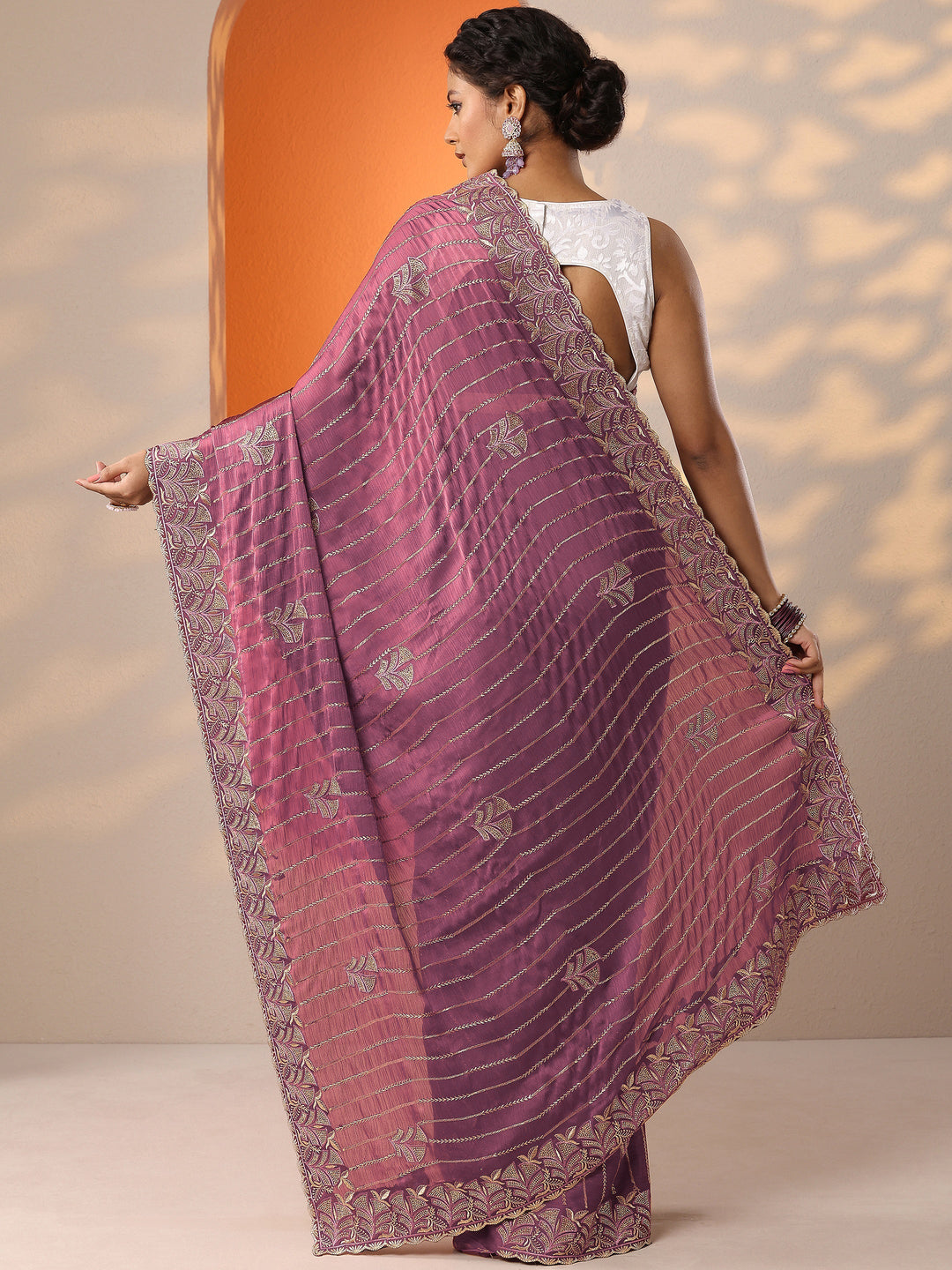  Mauve Embellished Chinon Saree With Unstitched Blouse Piece 