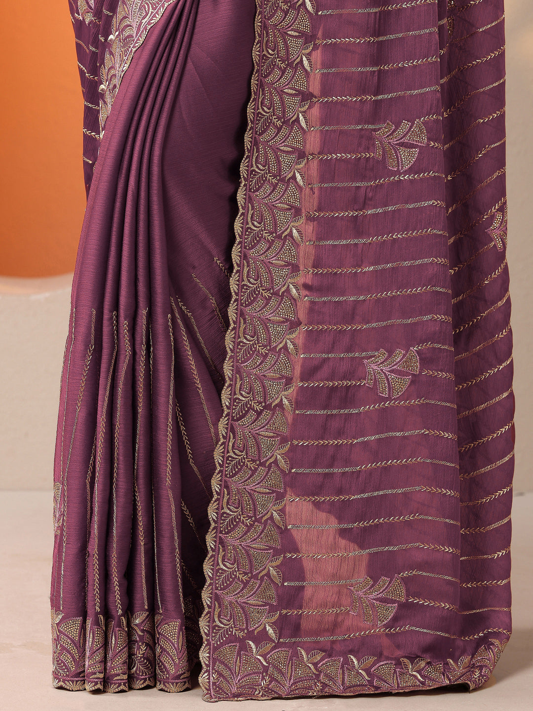  Mauve Embellished Chinon Saree With Unstitched Blouse Piece 