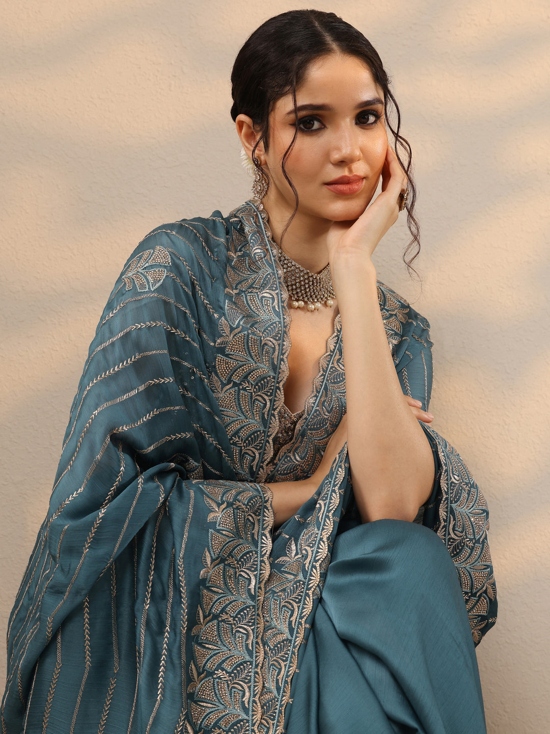Blue Embellished Banarasi Chinon Saree With Unstitched Blouse Piece