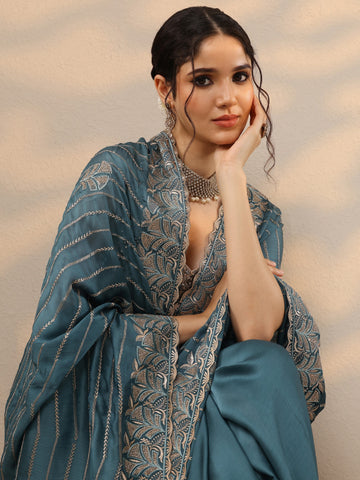 Blue Embellished Banarasi Chinon Saree With Unstitched Blouse Piece