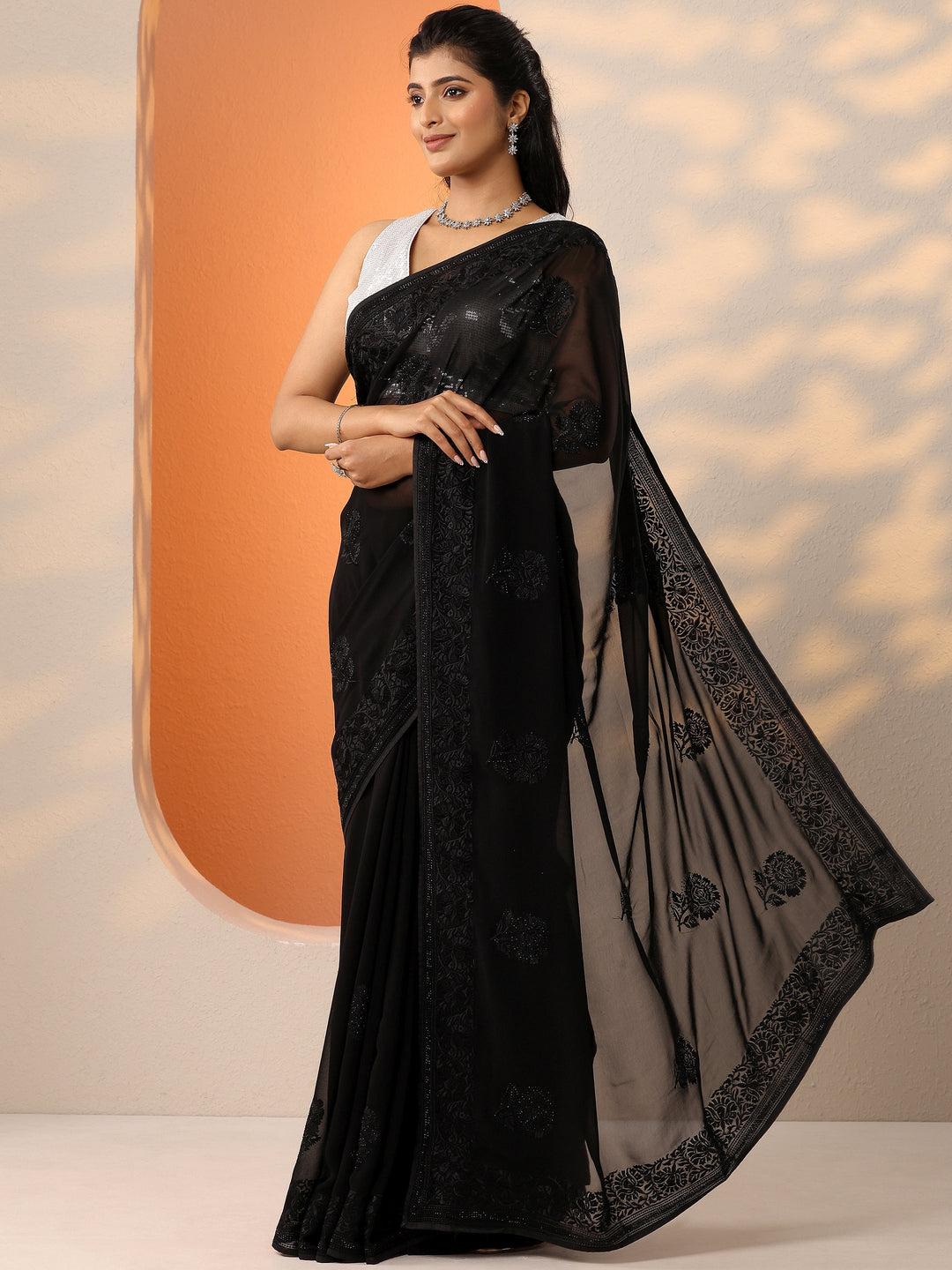  Black Embroidered Chinon Saree With Unstitched Blouse Piece 