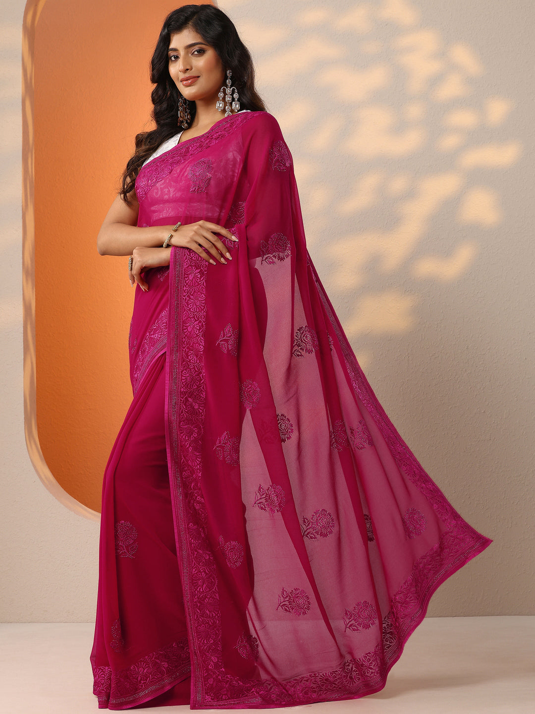  Pink Embroidered Georgette Saree With Unstitched Blouse Piece 