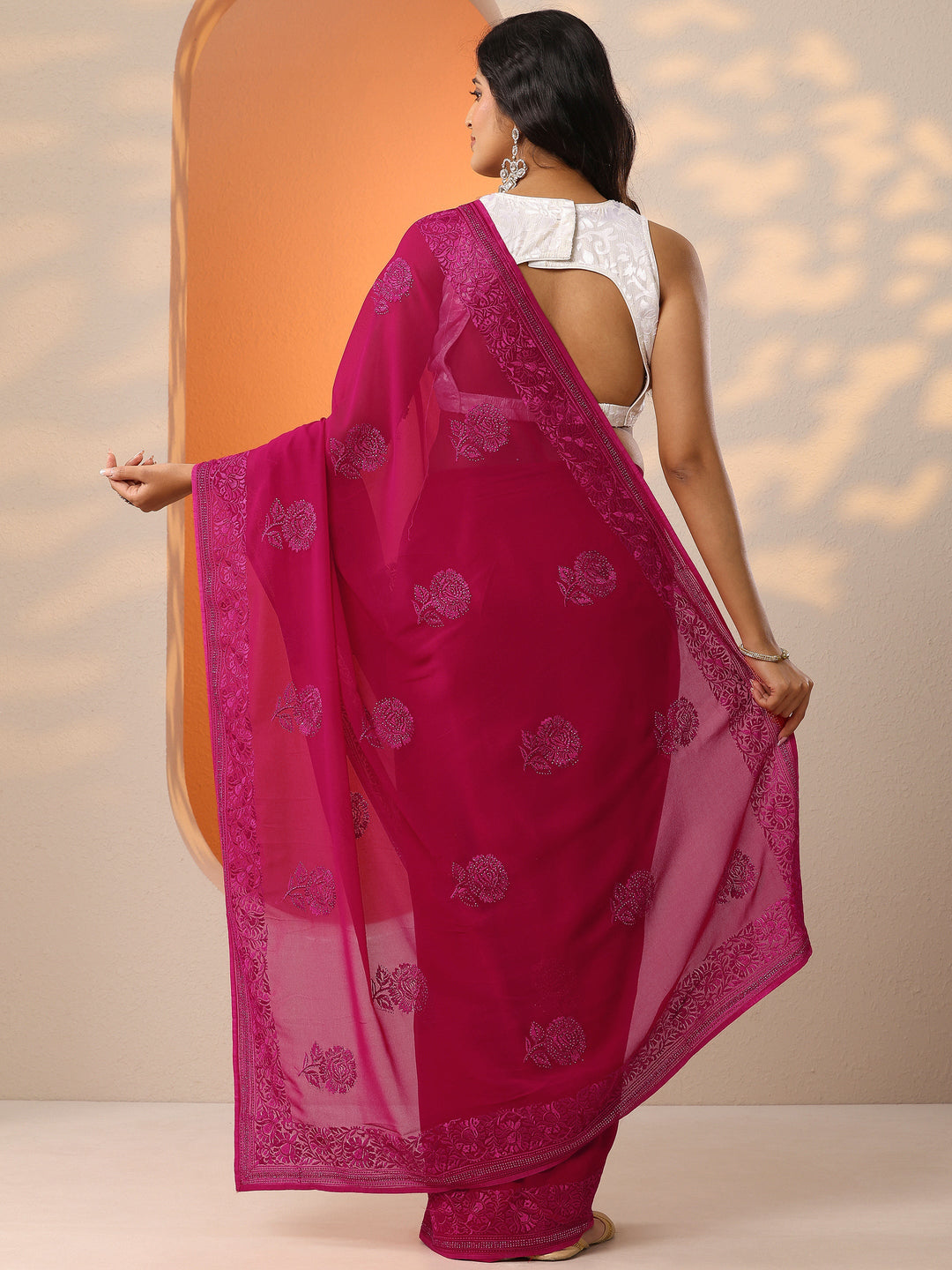  Pink Embroidered Georgette Saree With Unstitched Blouse Piece 