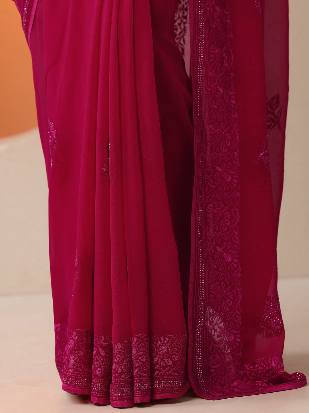  Pink Embroidered Georgette Saree With Unstitched Blouse Piece 