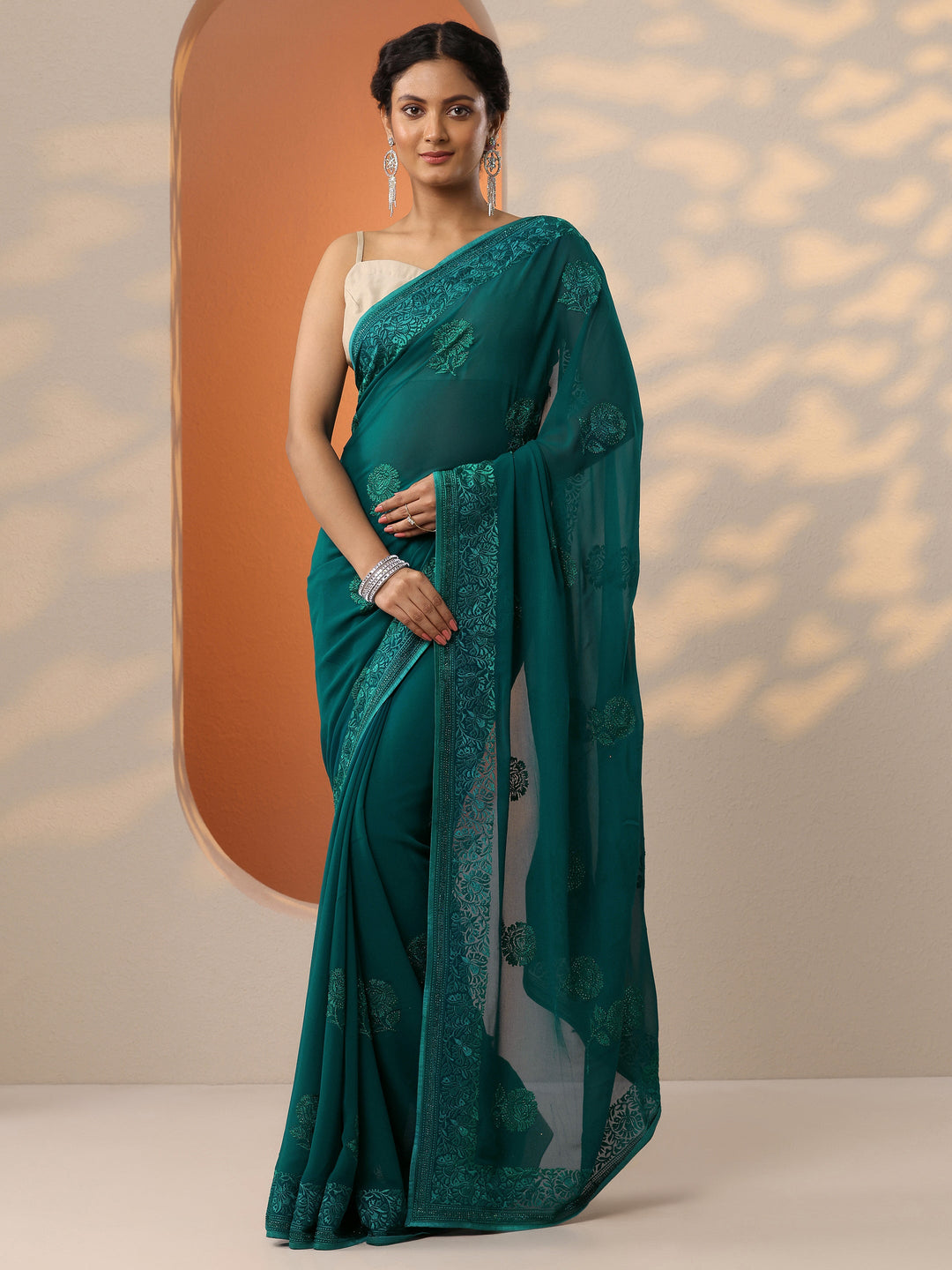  Blue Embroidered Georgette Saree With Unstitched Blouse Piece 