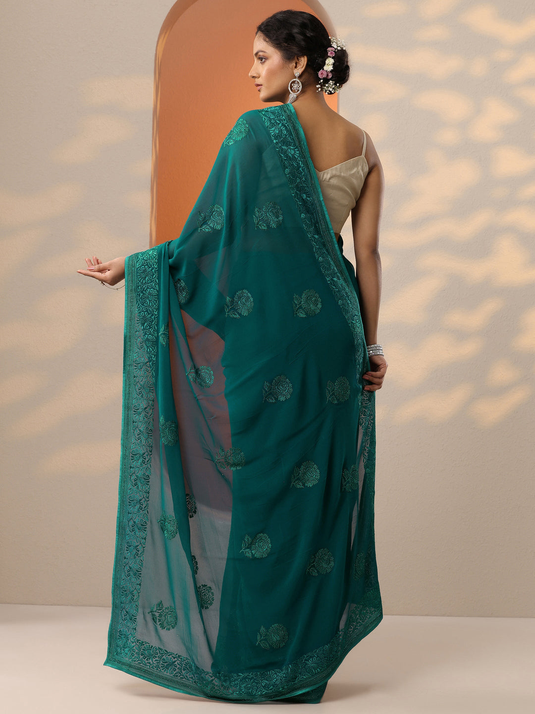  Blue Embroidered Georgette Saree With Unstitched Blouse Piece 