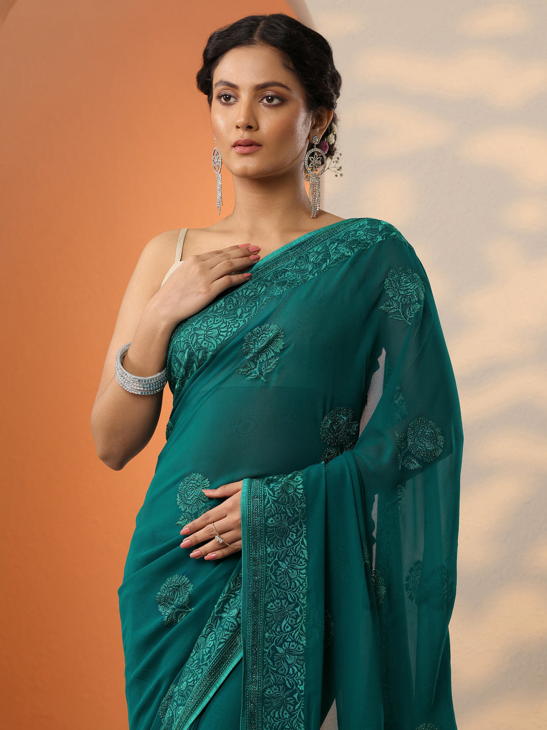  Blue Embroidered Georgette Saree With Unstitched Blouse Piece 