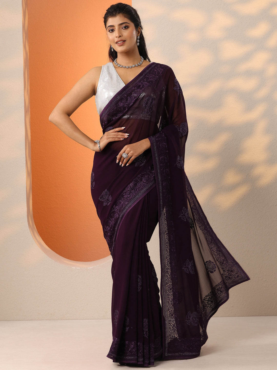  Purple Embroidered Georgette Saree With Unstitched Blouse Piece 
