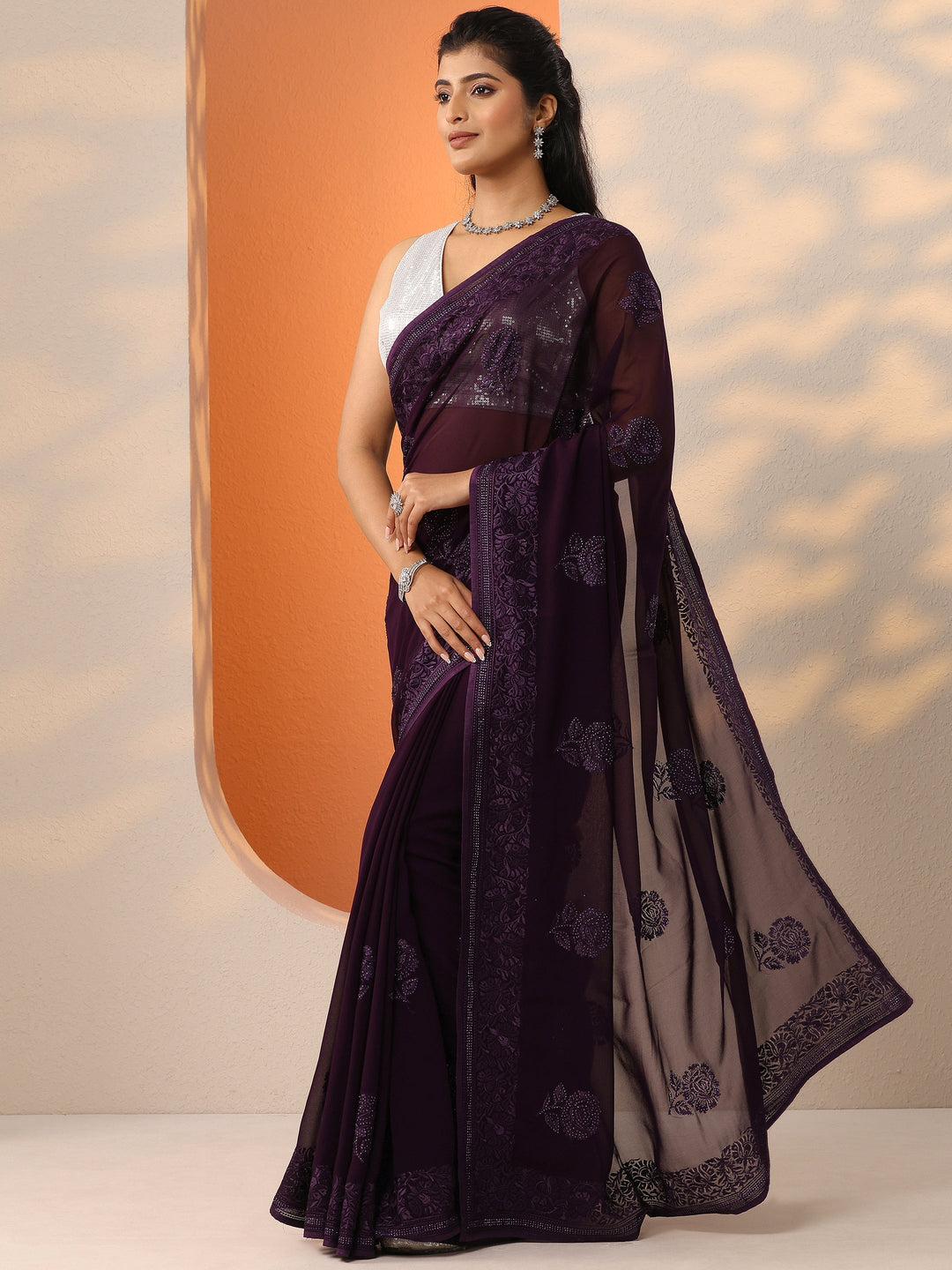  Purple Embroidered Georgette Saree With Unstitched Blouse Piece 