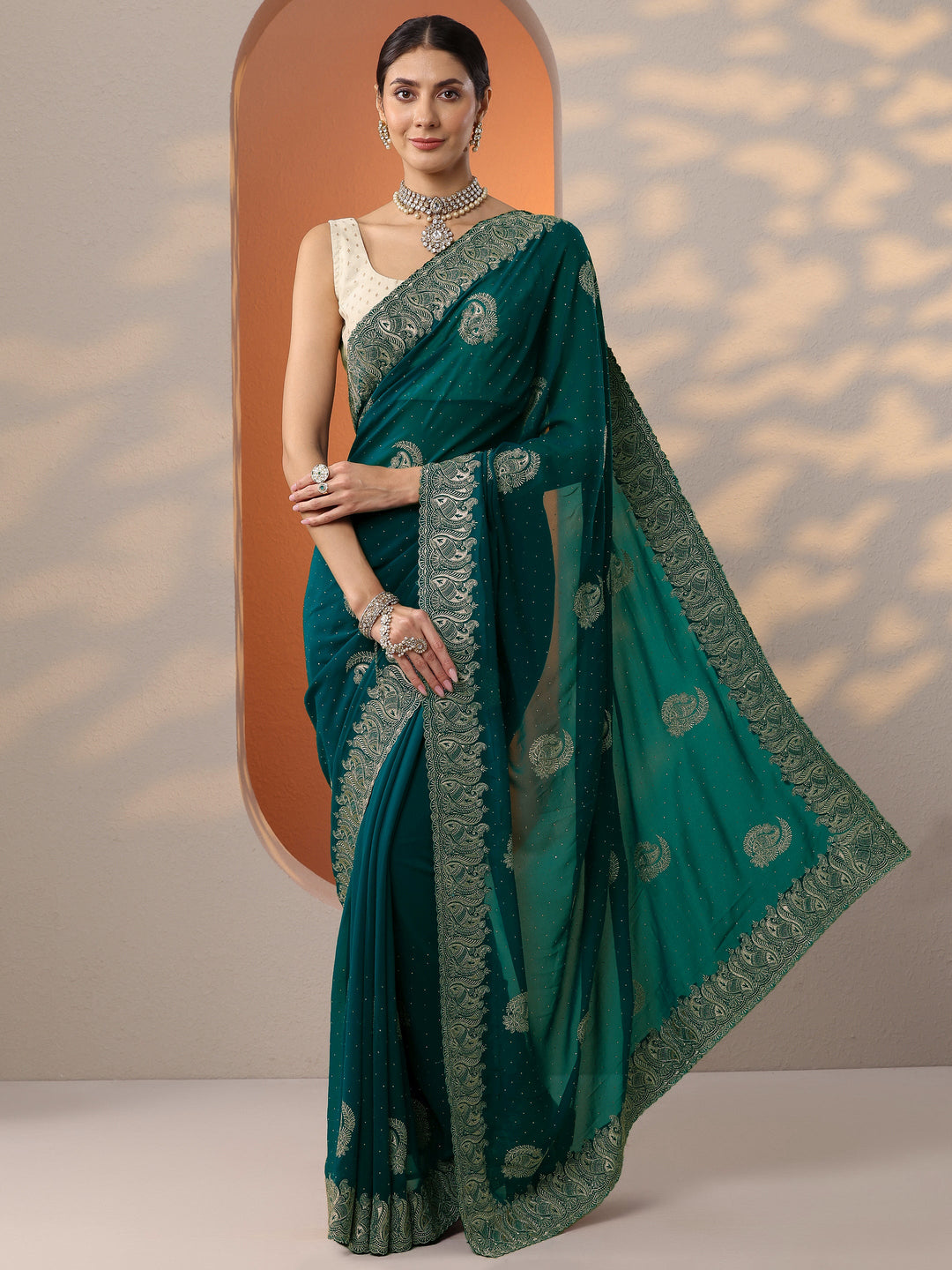  Blue Embroidered Georgette Saree With Unstitched Blouse Piece 