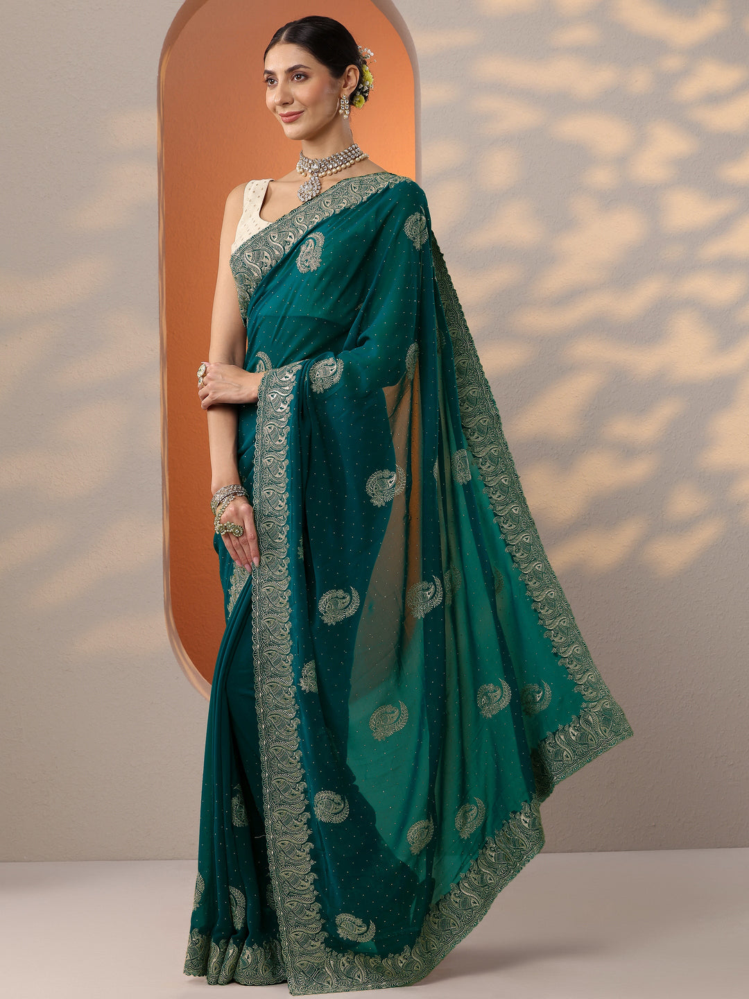  Blue Embroidered Georgette Saree With Unstitched Blouse Piece 