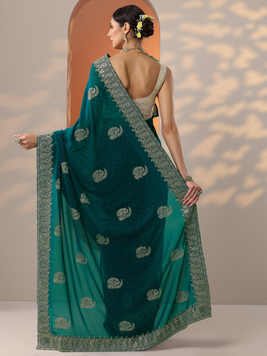  Blue Embroidered Georgette Saree With Unstitched Blouse Piece 