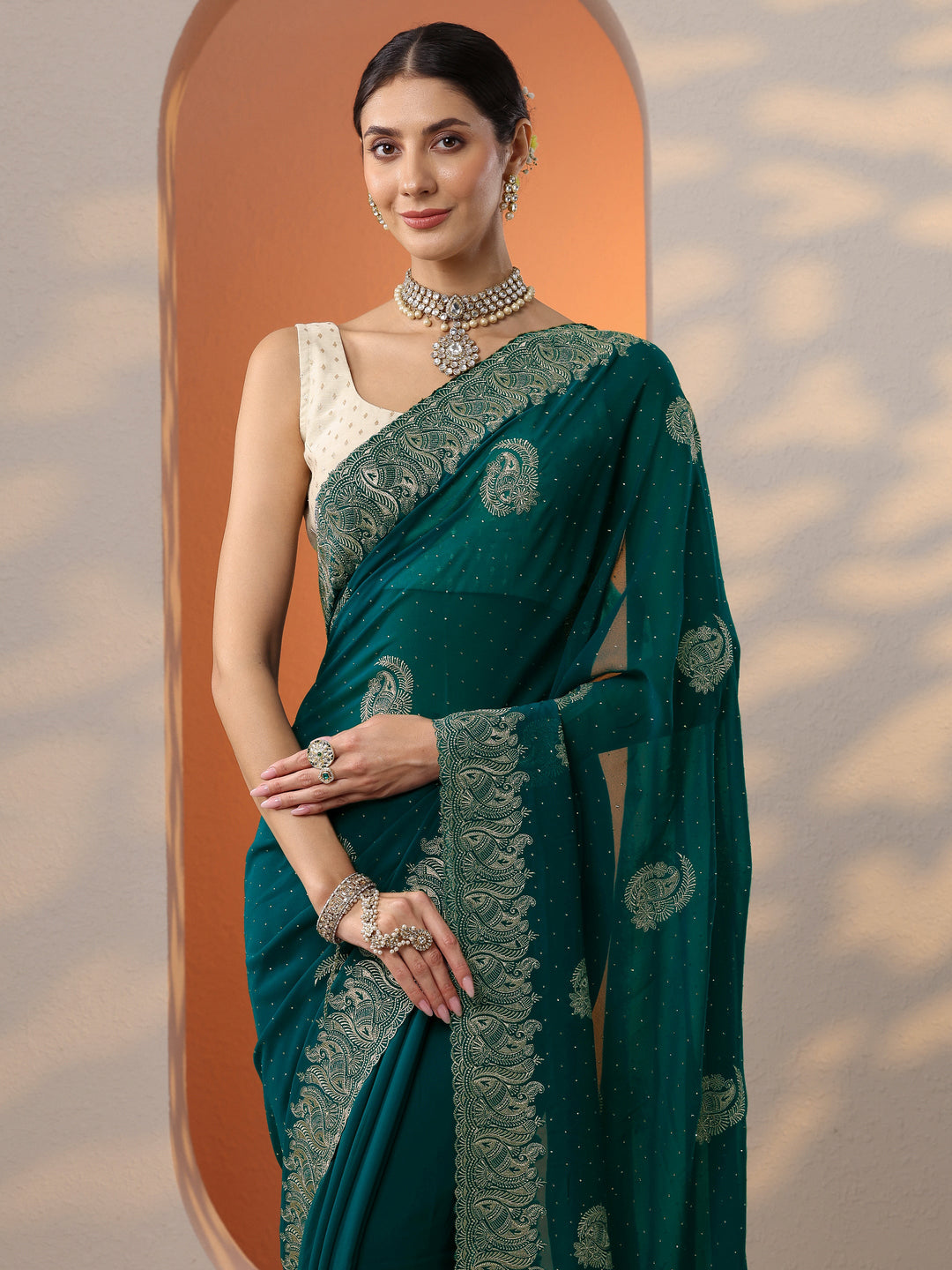  Blue Embroidered Georgette Saree With Unstitched Blouse Piece 