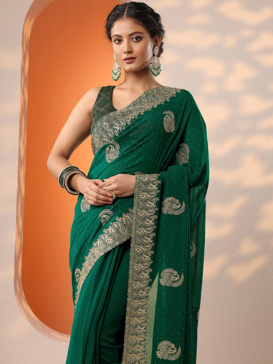  Green Embroidered Georgette Saree With Unstitched Blouse Piece 