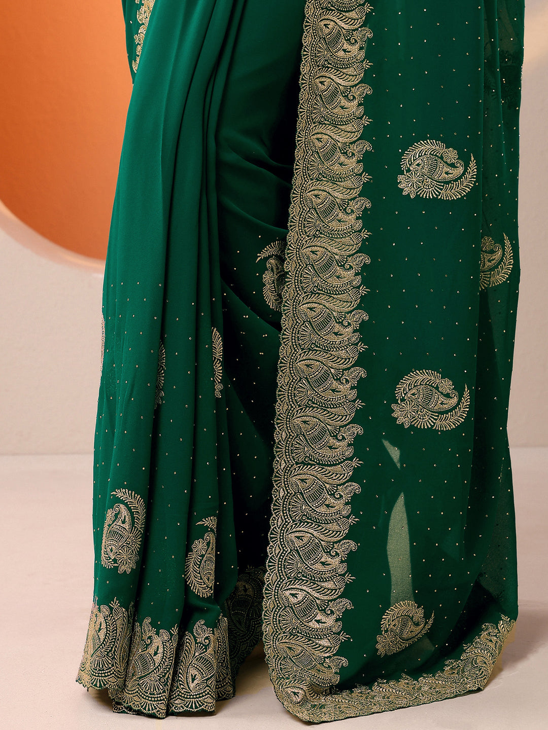  Green Embroidered Georgette Saree With Unstitched Blouse Piece 