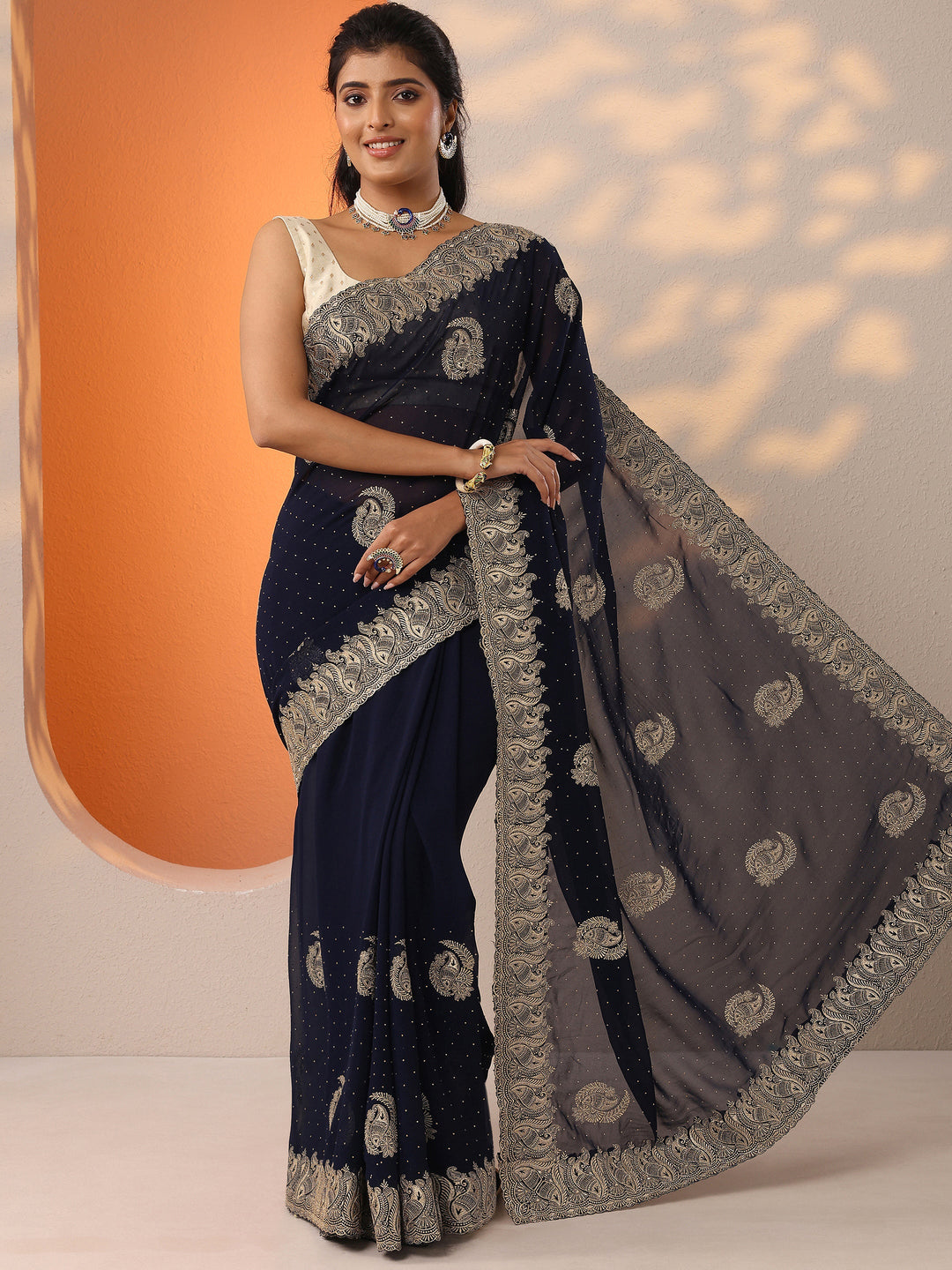  Navy Blue Embroidered Georgette Saree With Unstitched Blouse Piece 