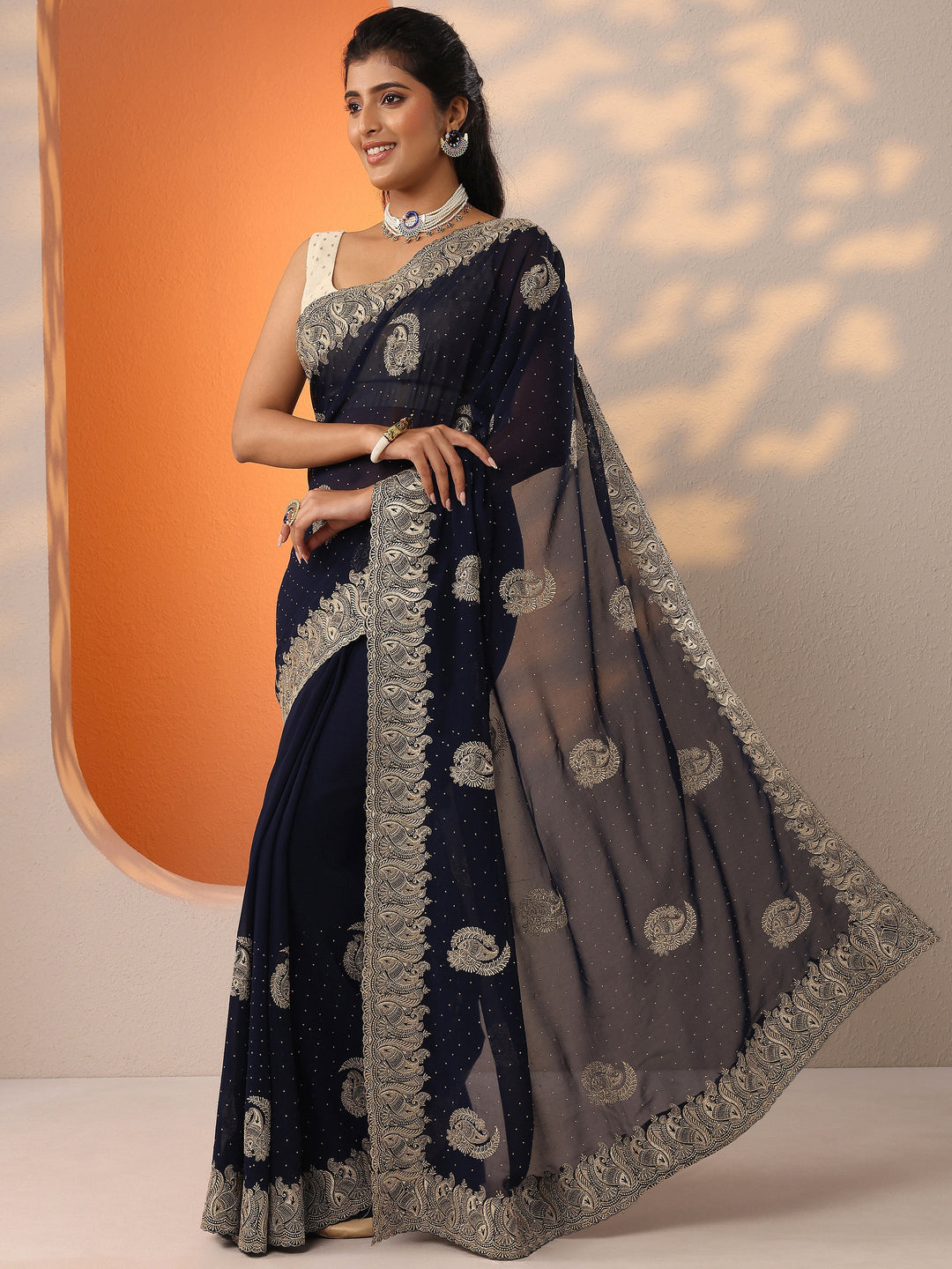  Navy Blue Embroidered Georgette Saree With Unstitched Blouse Piece 