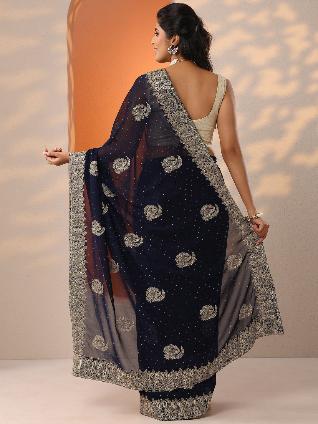  Navy Blue Embroidered Georgette Saree With Unstitched Blouse Piece 