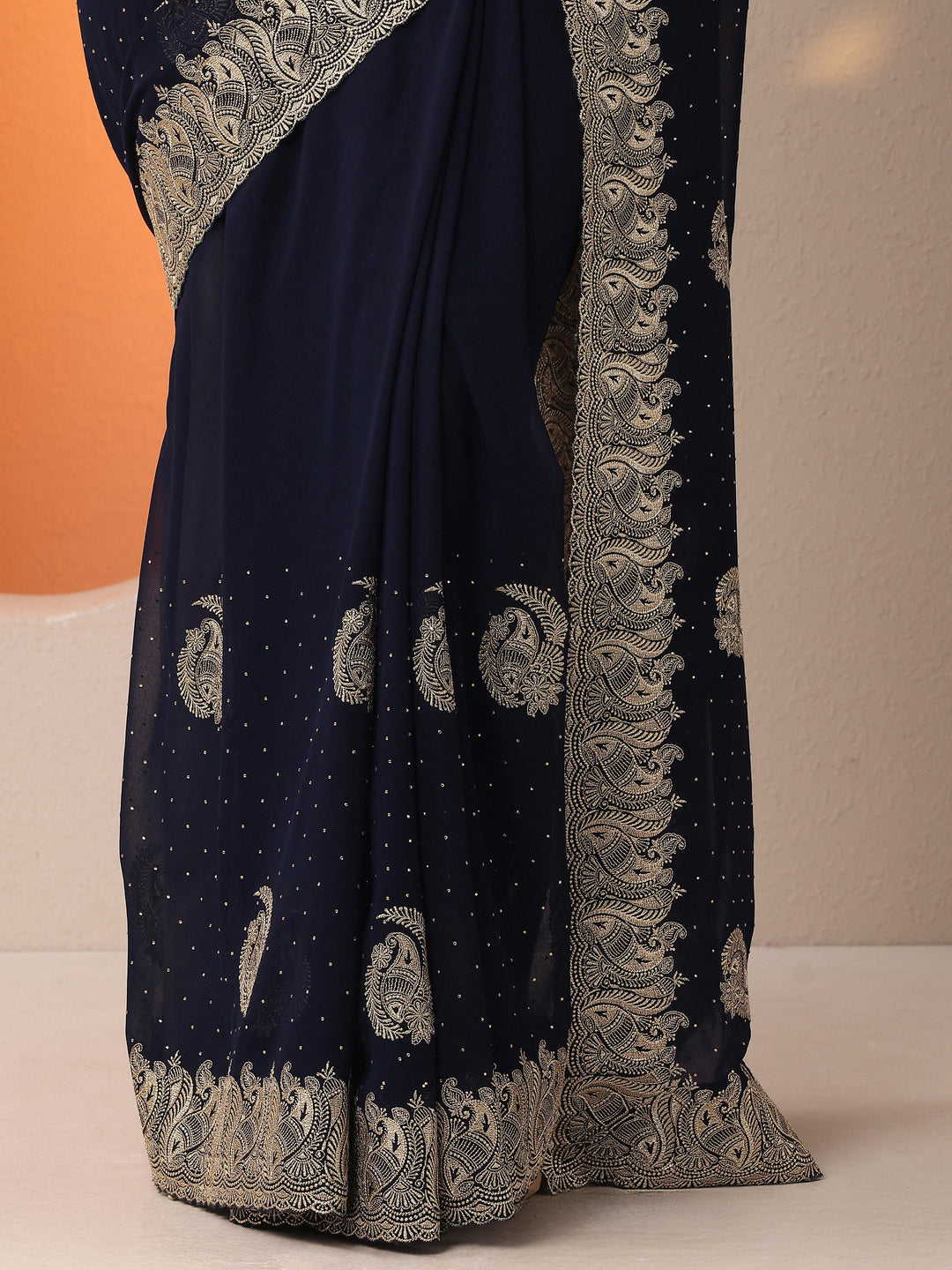  Navy Blue Embroidered Georgette Saree With Unstitched Blouse Piece 