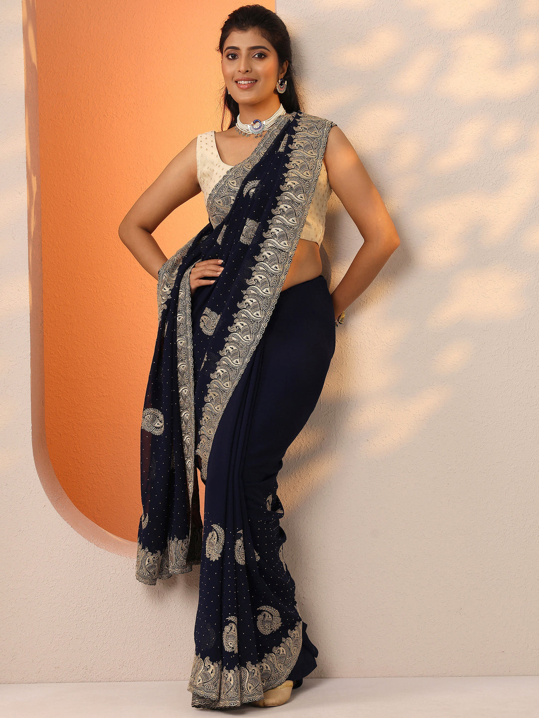  Navy Blue Embroidered Georgette Saree With Unstitched Blouse Piece 