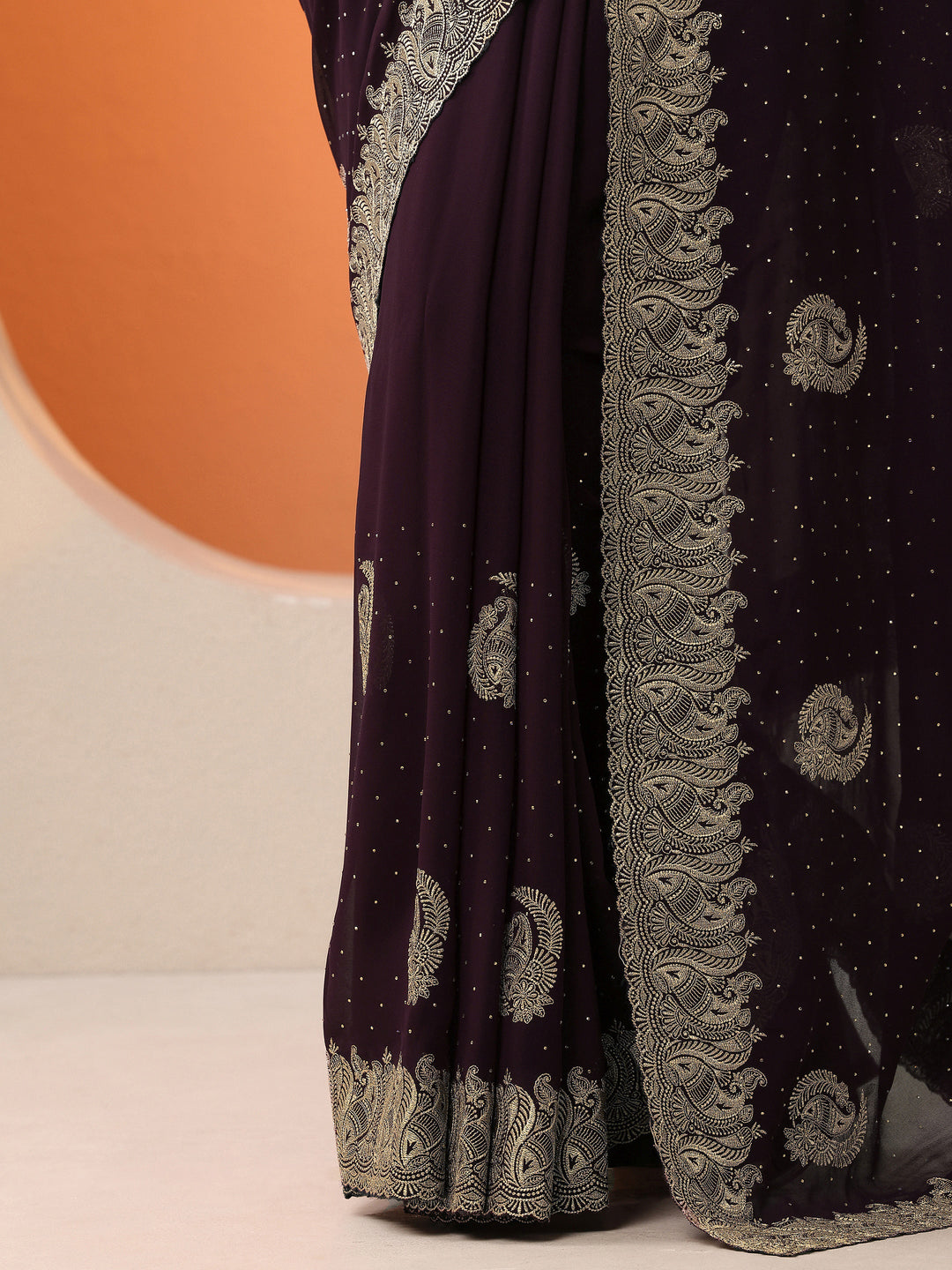  Burgundy Embroidered Georgette Saree With Unstitched Blouse Piece 