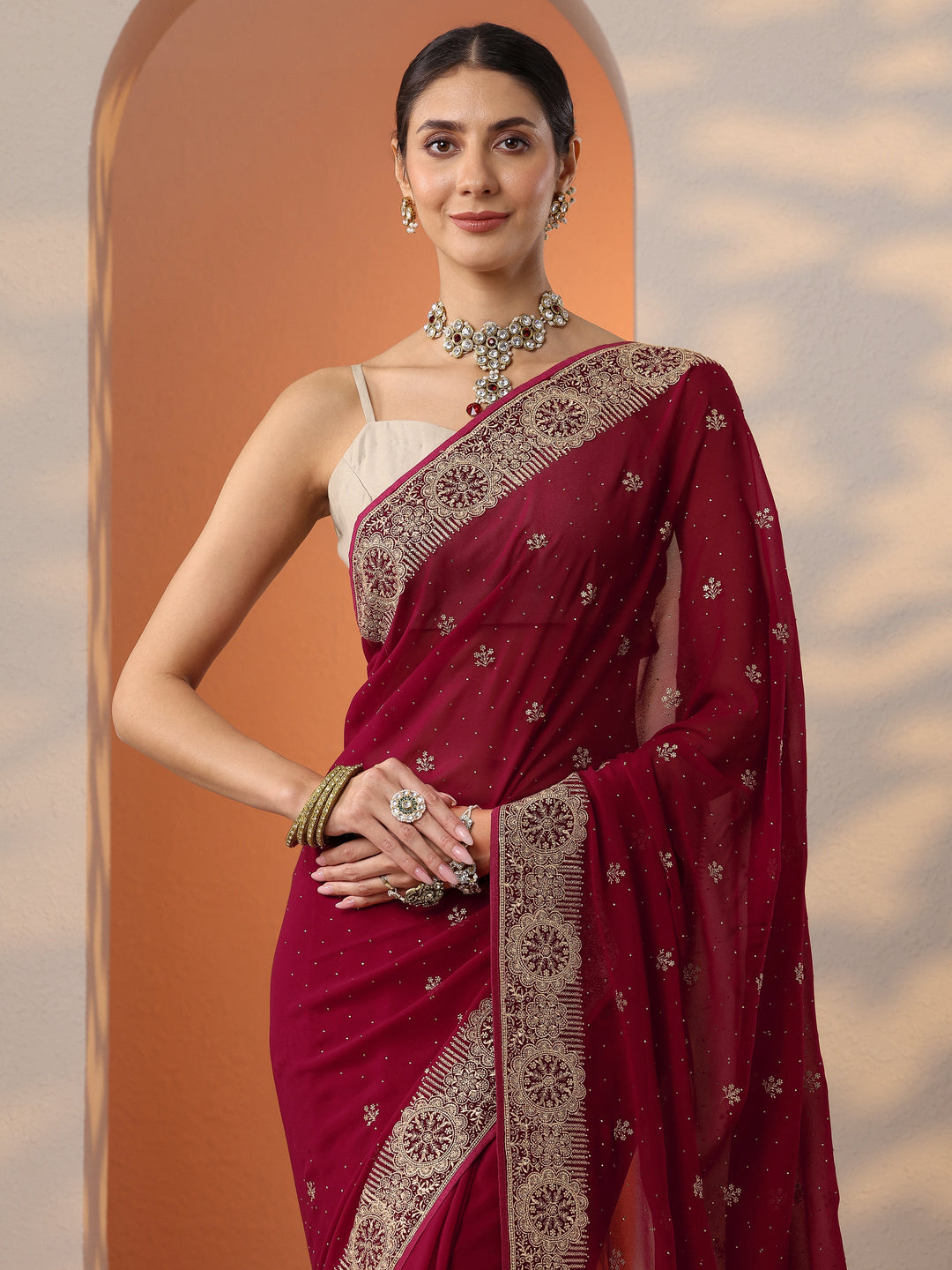  Red Embroidered Georgette Saree With Unstitched Blouse Piece 