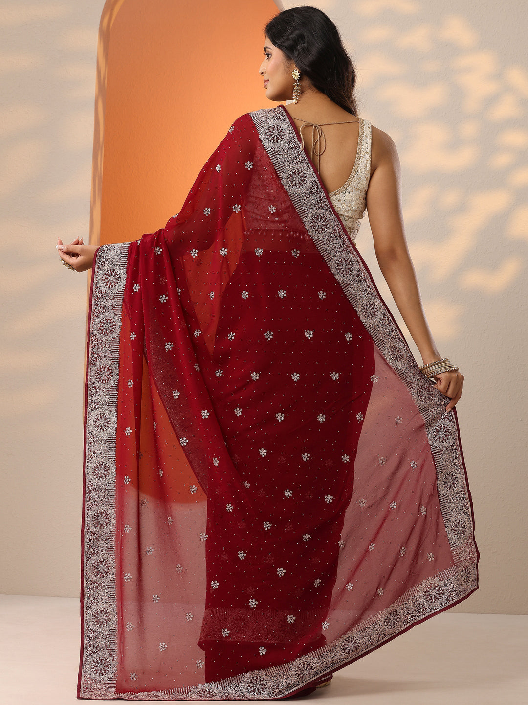  Maroon Embroidered Georgette Saree With Unstitched Blouse Piece 