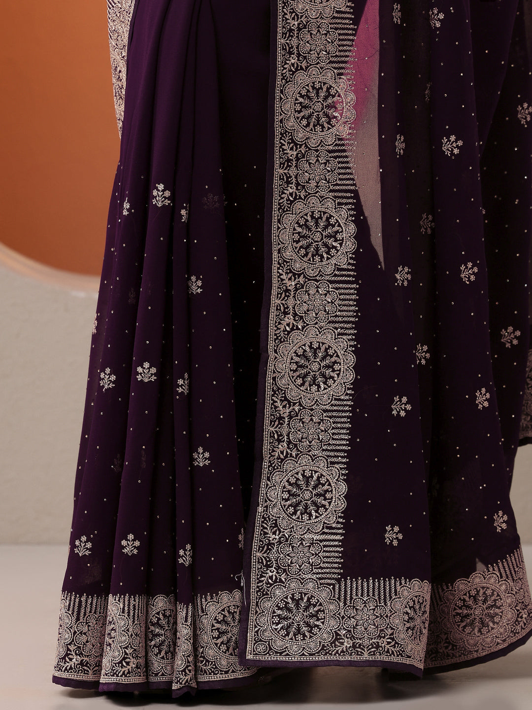  Burgundy Embroidered Georgette Saree With Unstitched Blouse Piece 