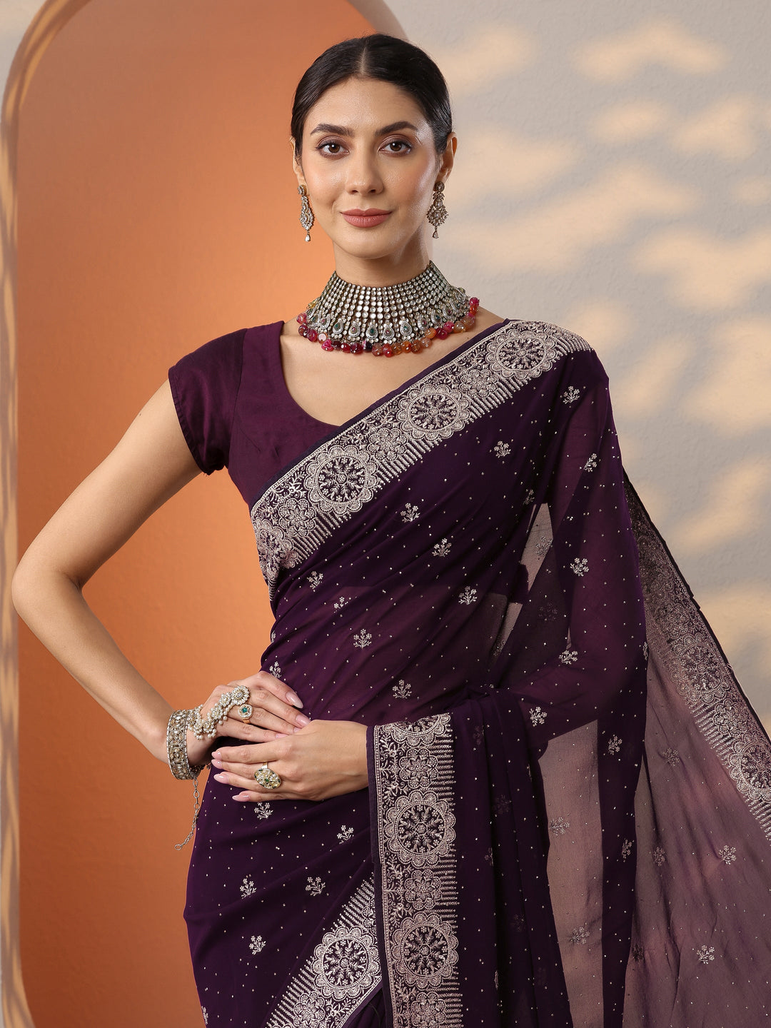  Burgundy Embroidered Georgette Saree With Unstitched Blouse Piece 