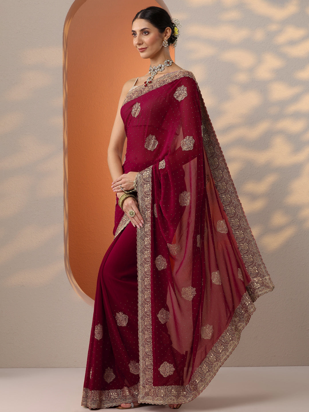  Red Embroidered Georgette Saree With Unstitched Blouse Piece 