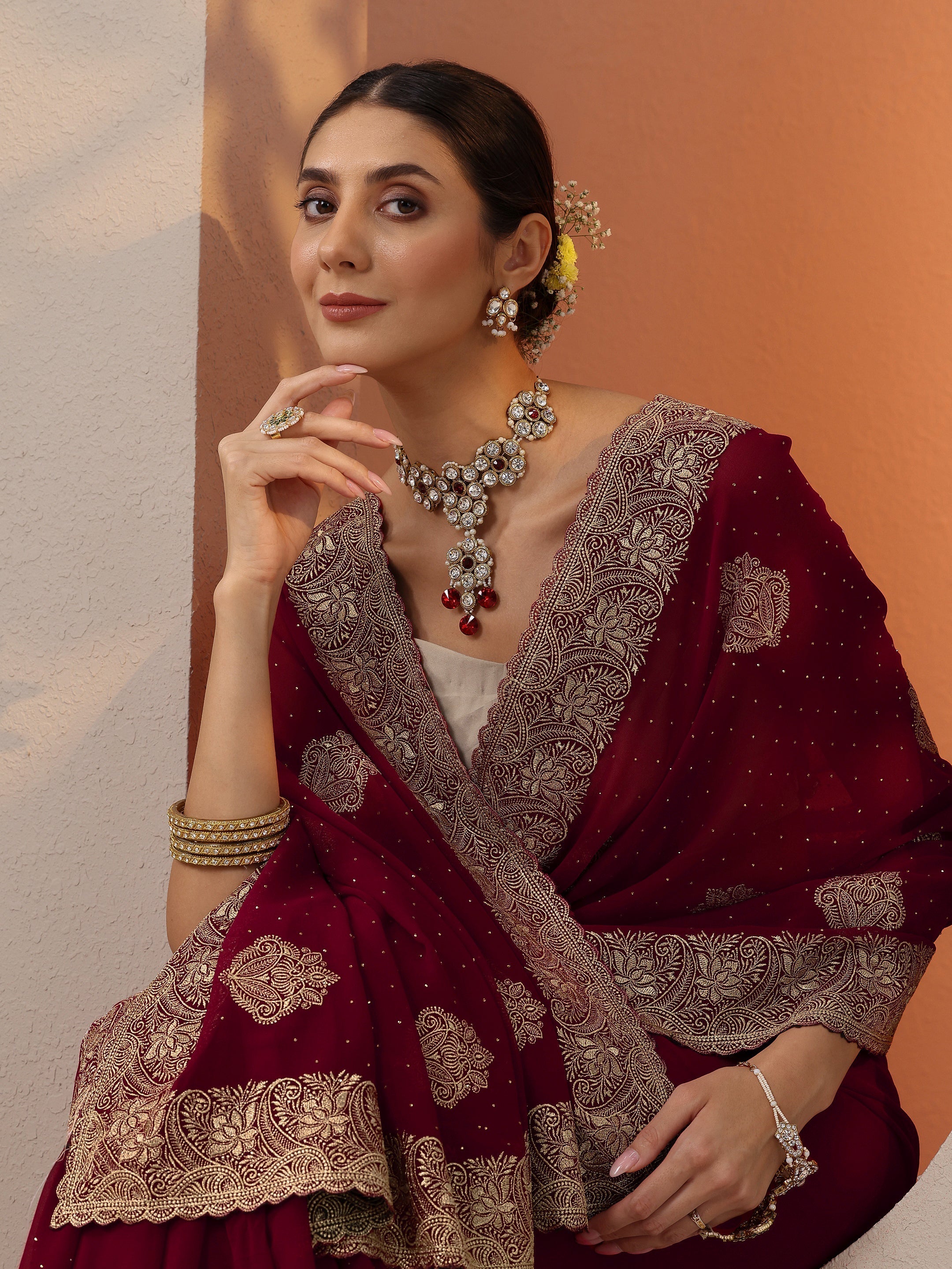libas Red Embroidered Georgette Saree With Unstitched Blouse Piece-picture-37