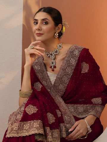 Red Embroidered Georgette Saree With Unstitched Blouse Piece
