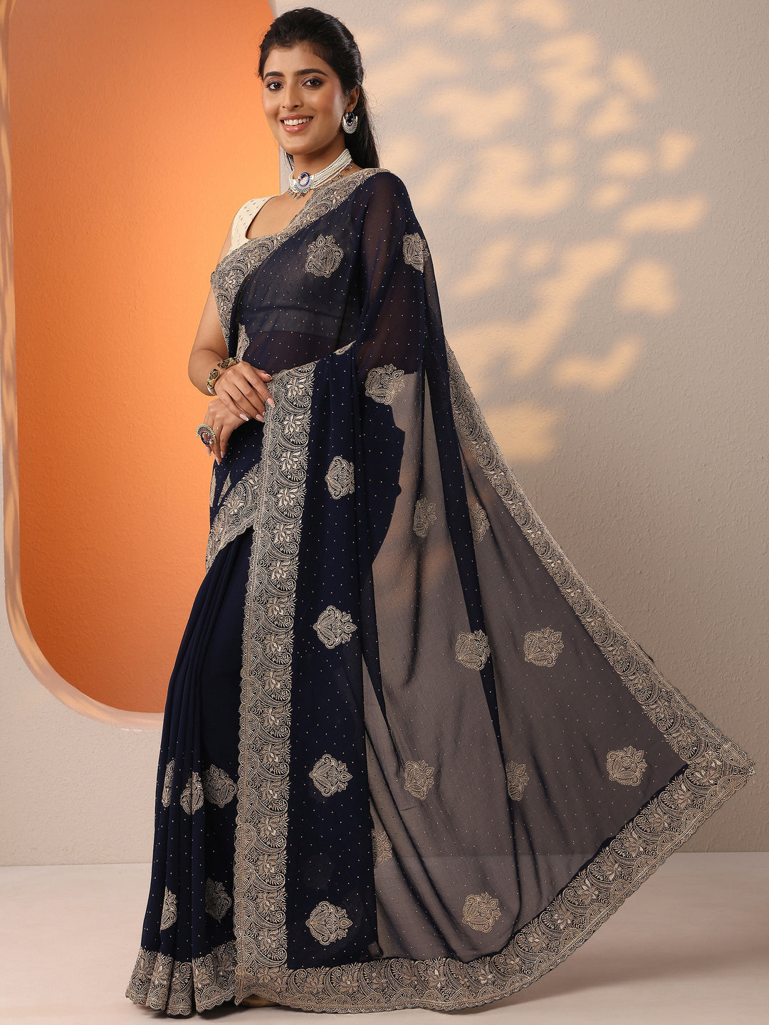  Navy Blue Embroidered Georgette Saree With Unstitched Blouse Piece 