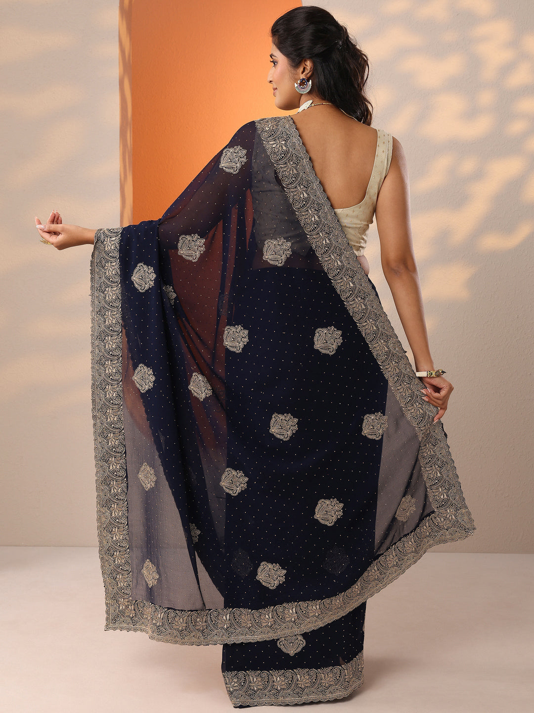  Navy Blue Embroidered Georgette Saree With Unstitched Blouse Piece 