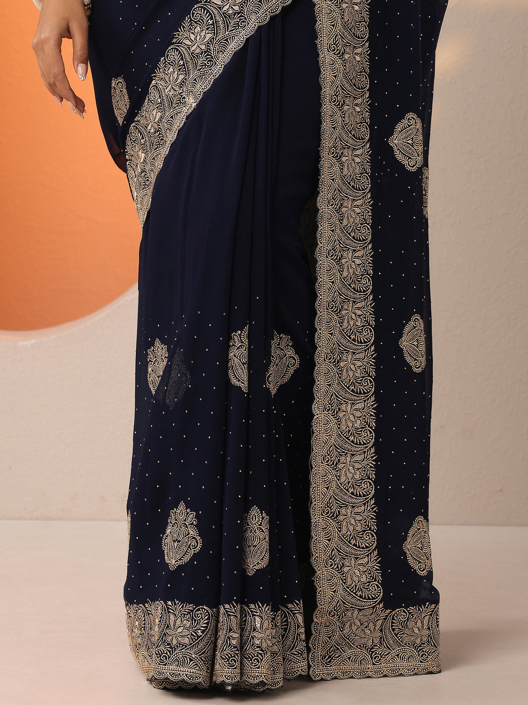  Navy Blue Embroidered Georgette Saree With Unstitched Blouse Piece 