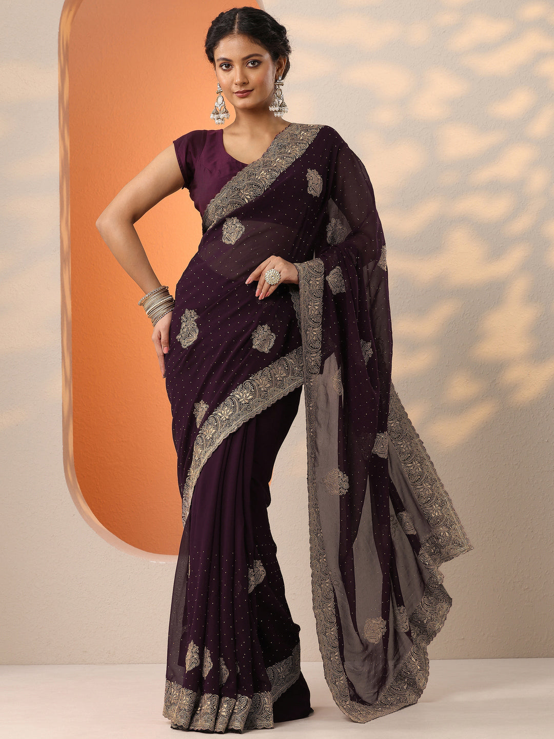  Burgundy Embroidered Georgette Saree With Unstitched Blouse Piece 