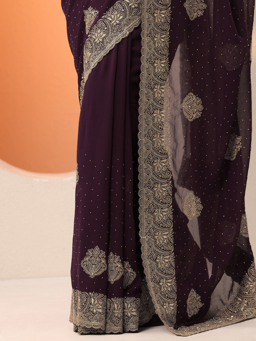  Burgundy Embroidered Georgette Saree With Unstitched Blouse Piece 