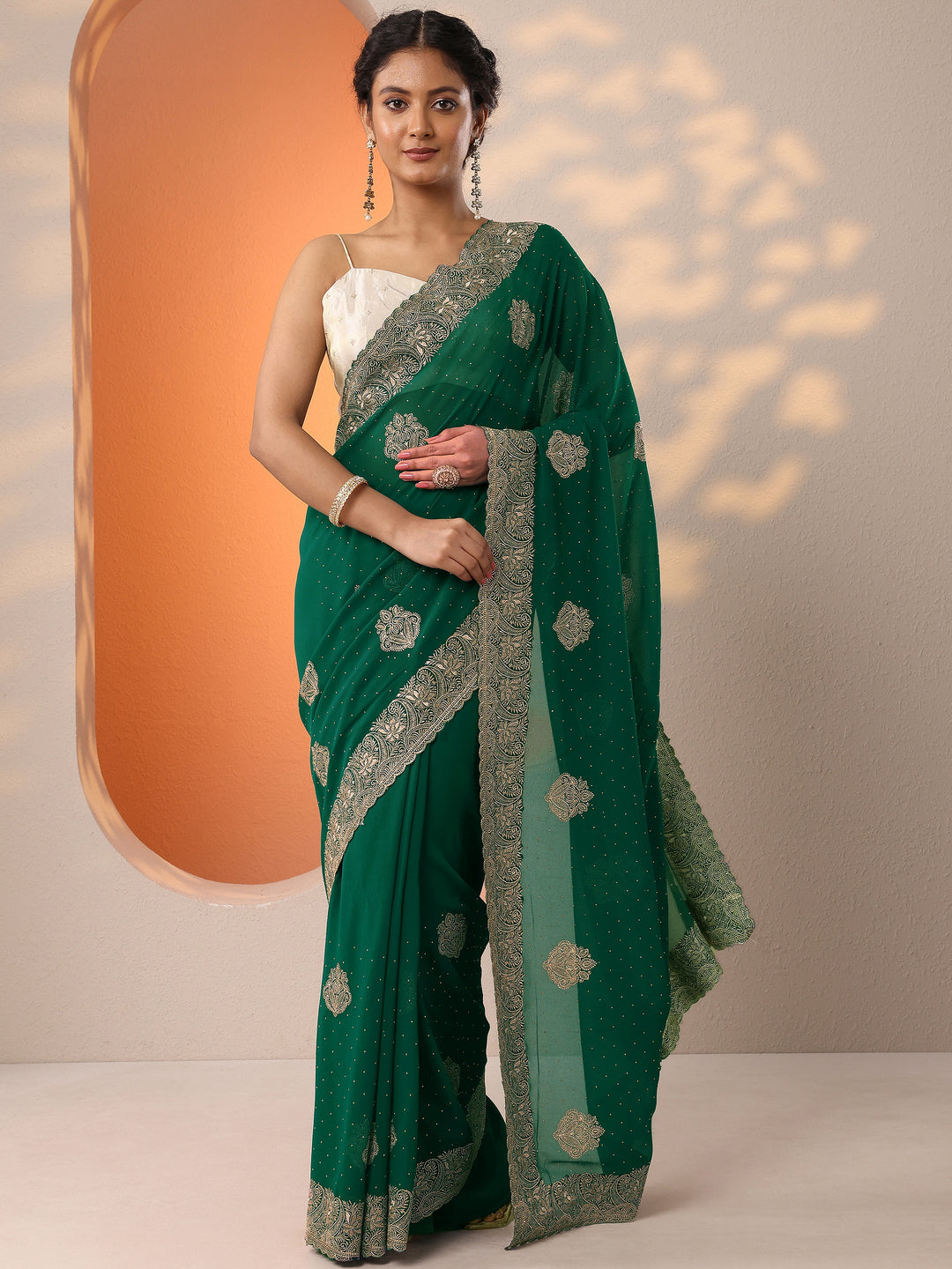  Green Embroidered Georgette Saree With Unstitched Blouse Piece 