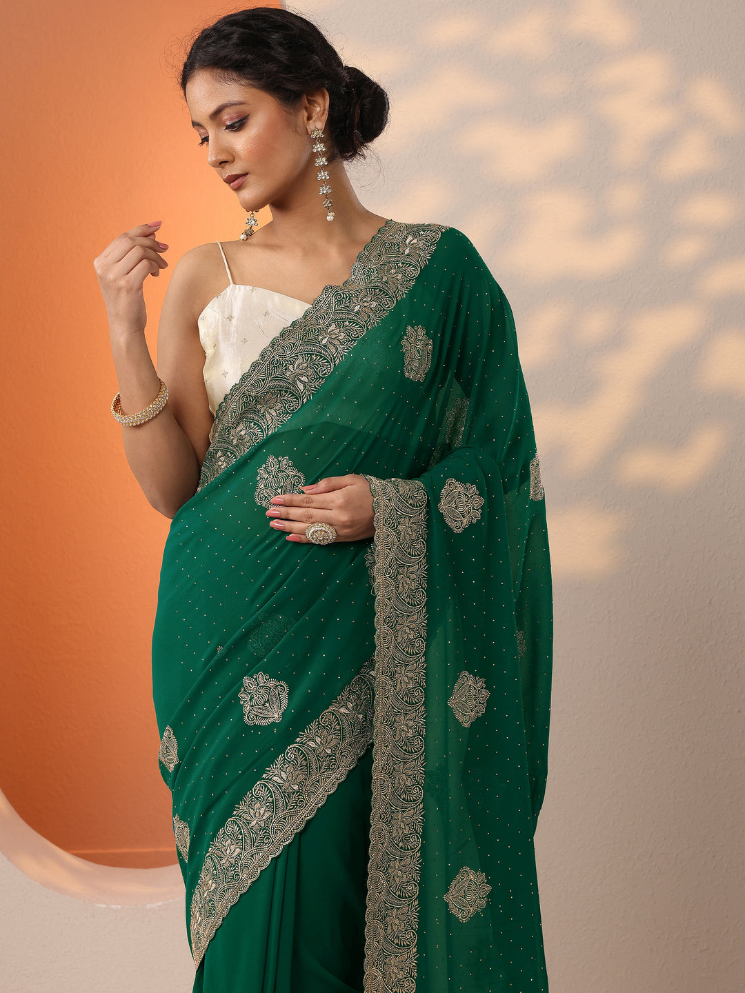  Green Embroidered Georgette Saree With Unstitched Blouse Piece 