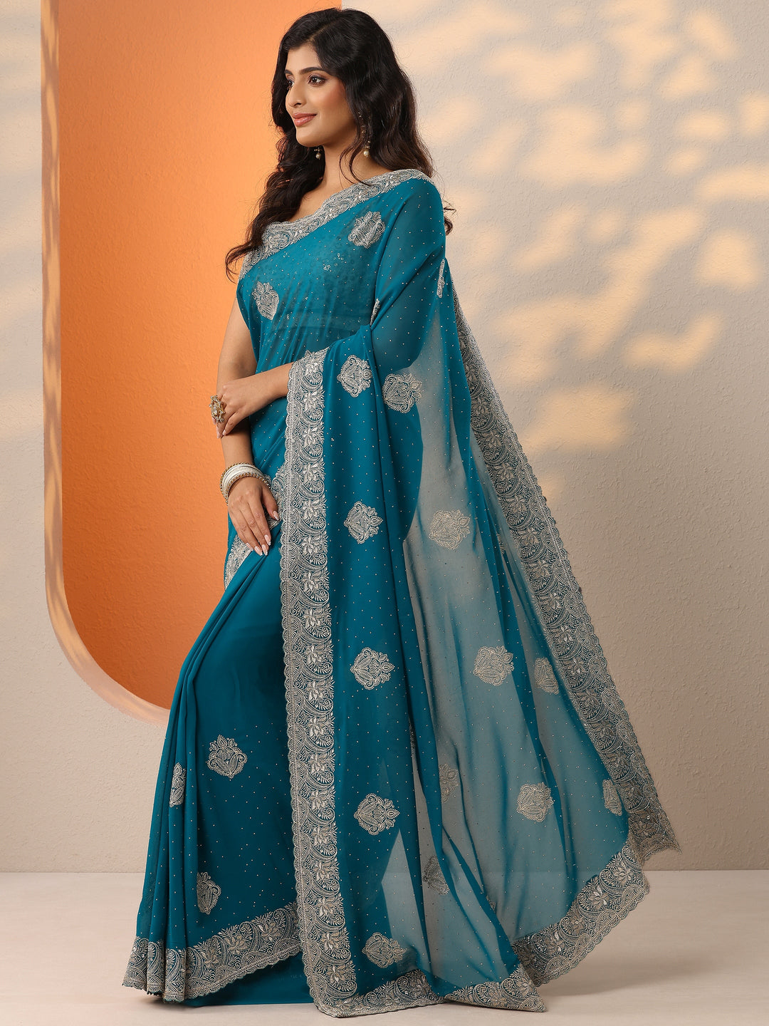  Blue Embroidered Georgette Saree With Unstitched Blouse Piece 