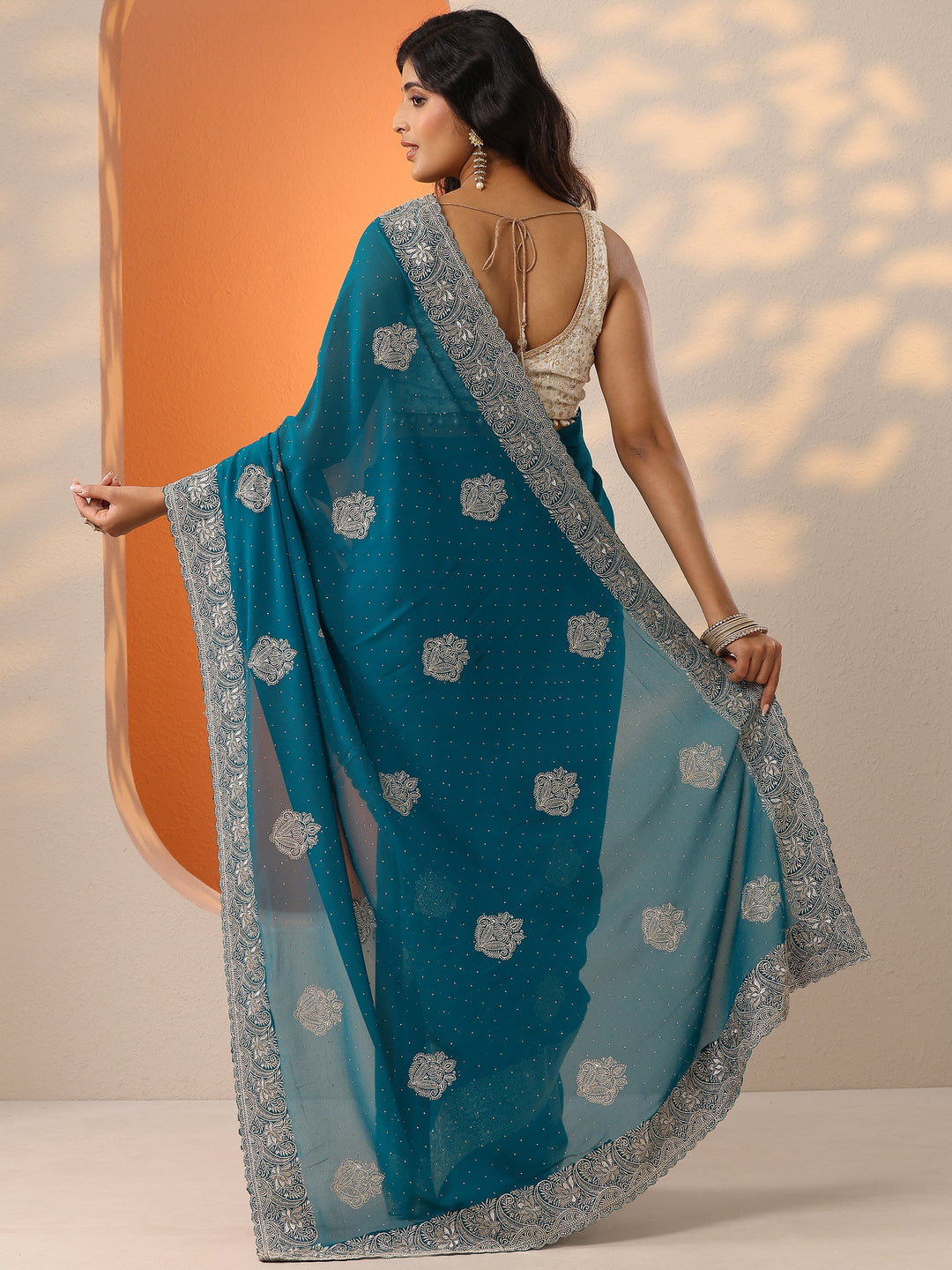  Blue Embroidered Georgette Saree With Unstitched Blouse Piece 